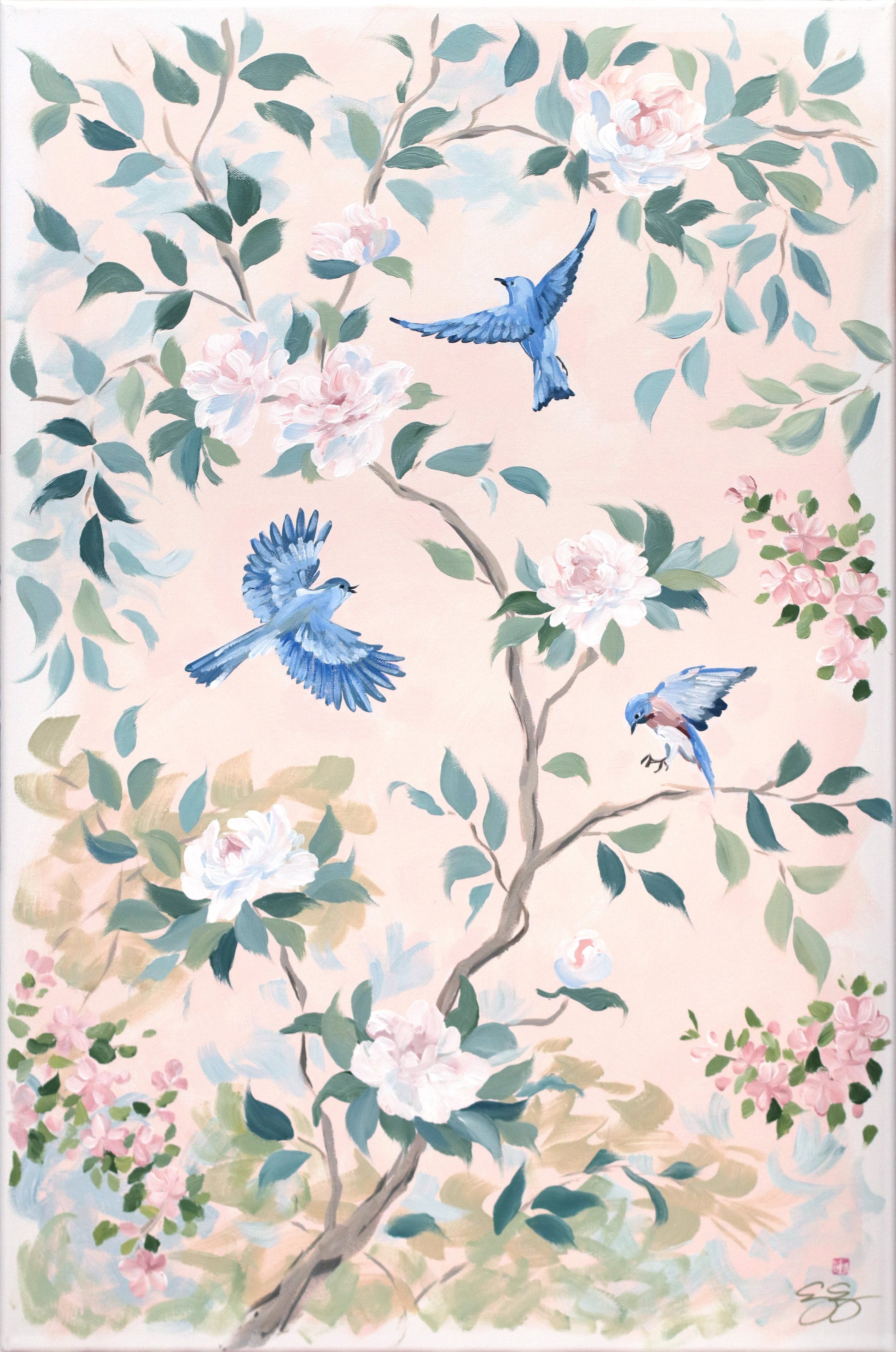 Three bluebirds fly among branches and peonies on a pink floral canvas by Elizabeth Alice Studio.