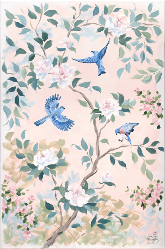 Three bluebirds fly among branches and peonies on a pink floral canvas by Elizabeth Alice Studio.