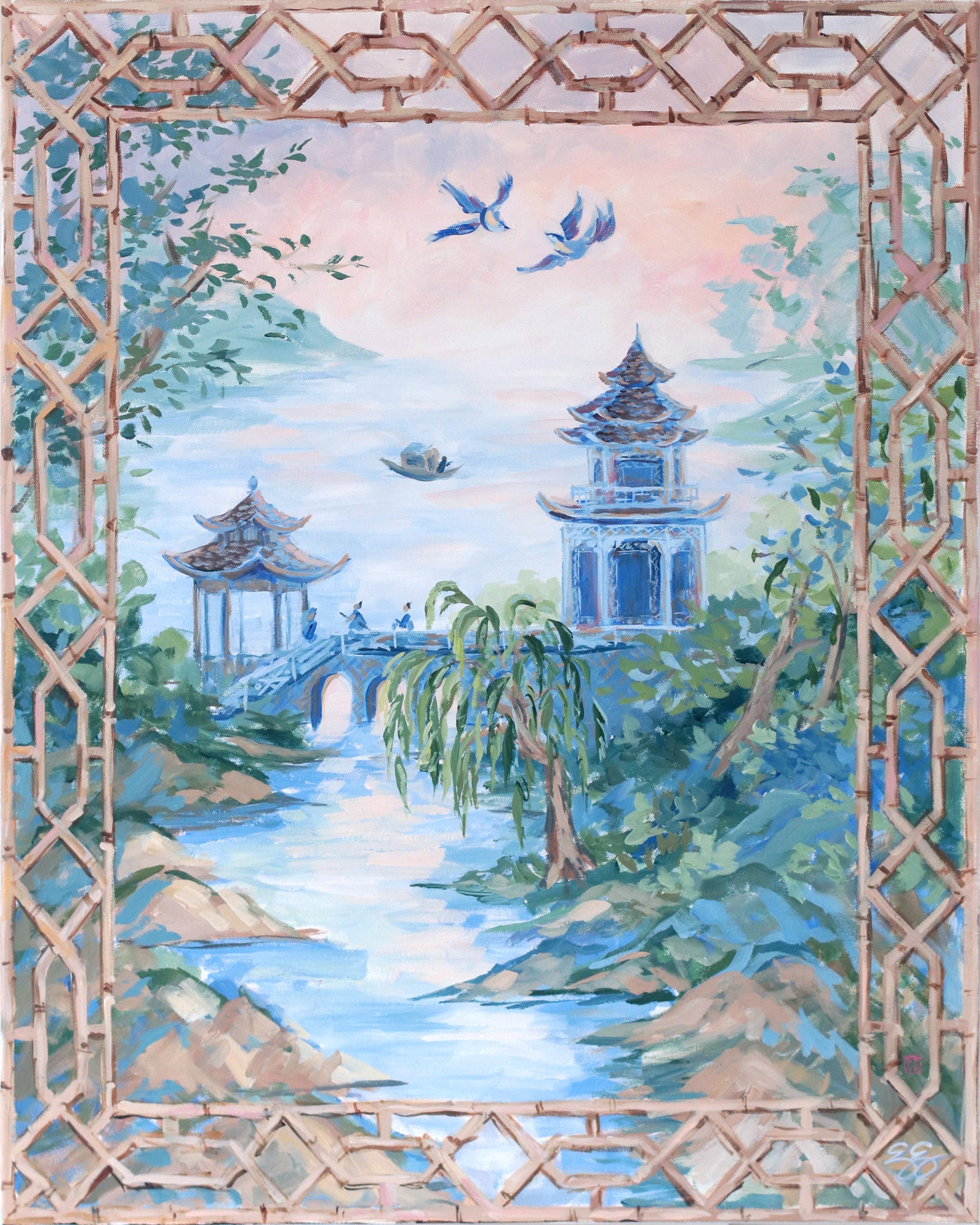 Elizabeth Alice Studio Chinoiserie painting of pagodas, bridge, trees & birds in classic Willow china pattern style.