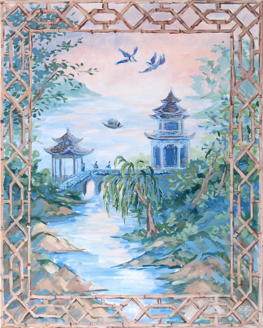 Elizabeth Alice Studio Chinoiserie painting of pagodas, bridge, trees & birds in classic Willow china pattern style.