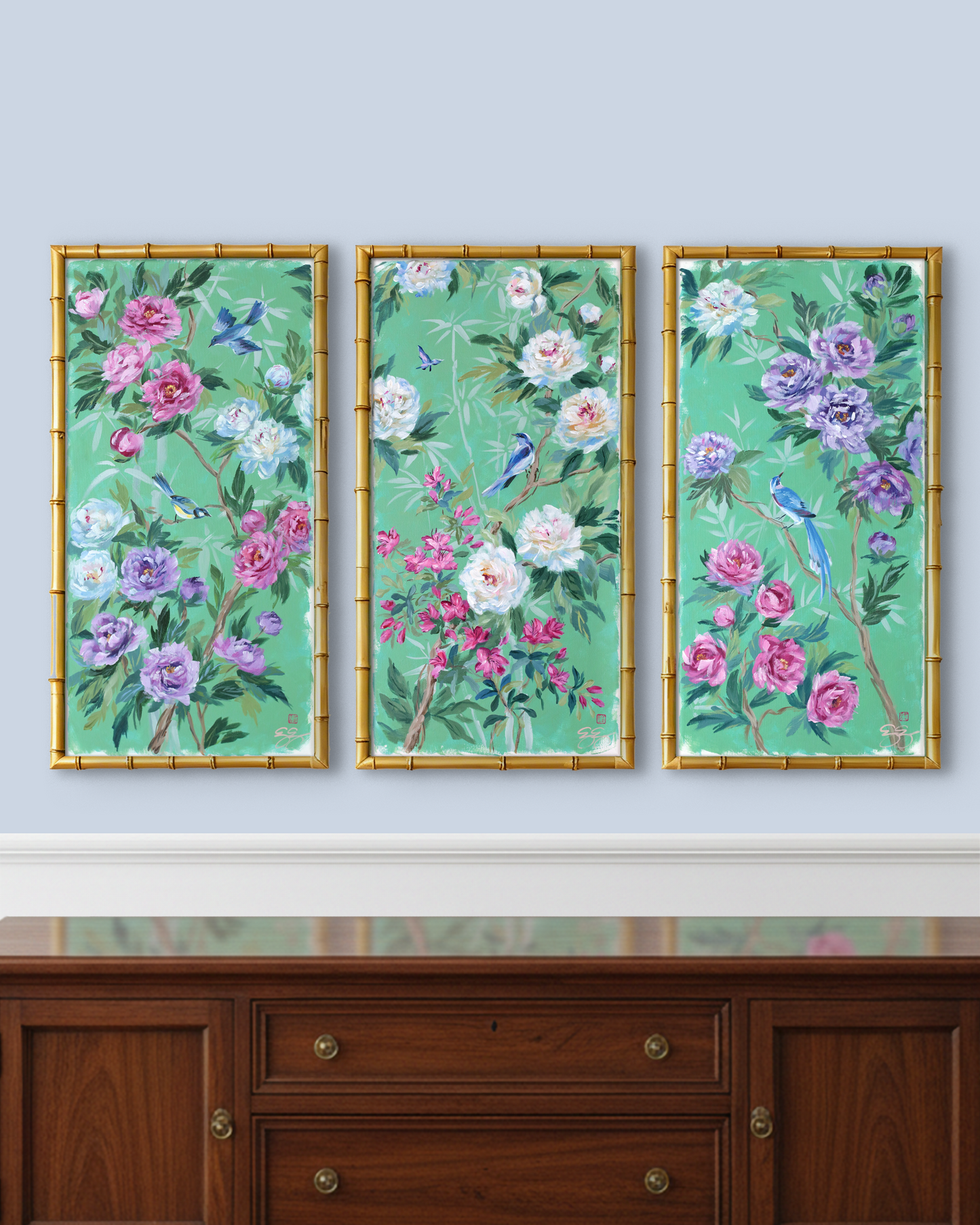 No. 512 Original green chinoiserie painting of peonies, azaleas, bird, and butterfly - 12 x 24