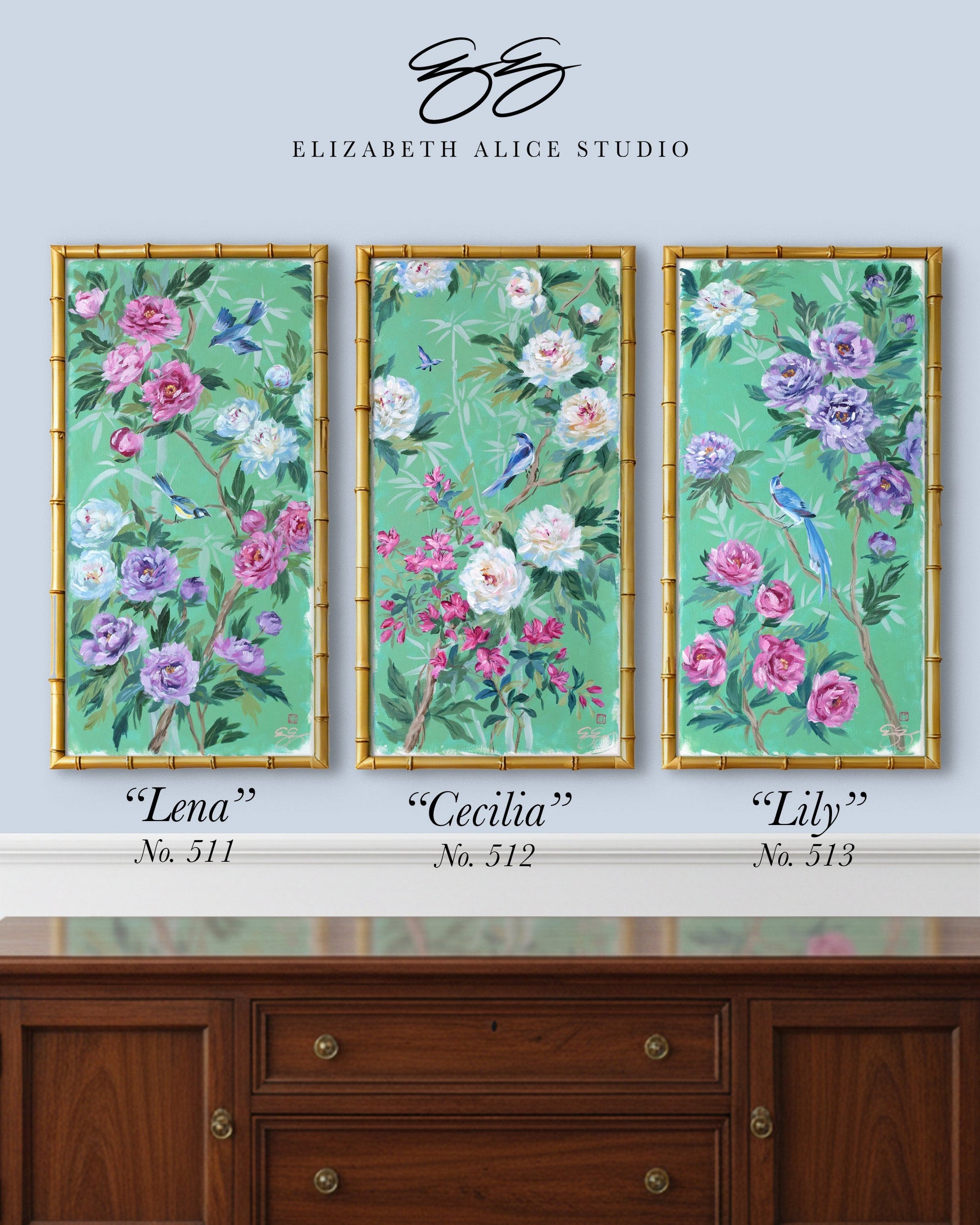Elizabeth Alice Studio’s framed florals—“Lena,” “Cecilia,” and “Lily”—top a wooden cabinet with brushwork charm.