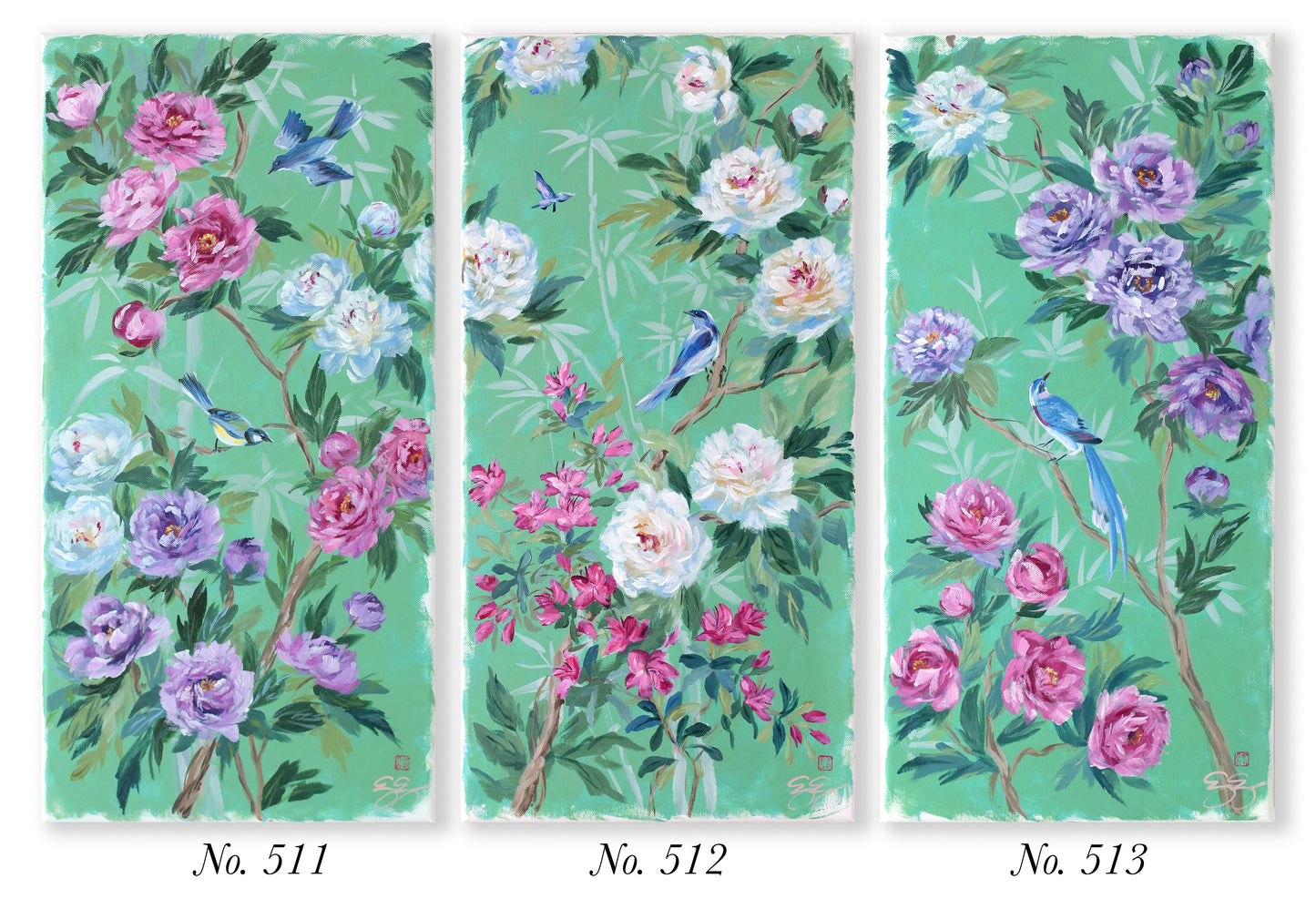 No. 513 Original green chinoiserie painting of peonies and blue bird - 12 x 24