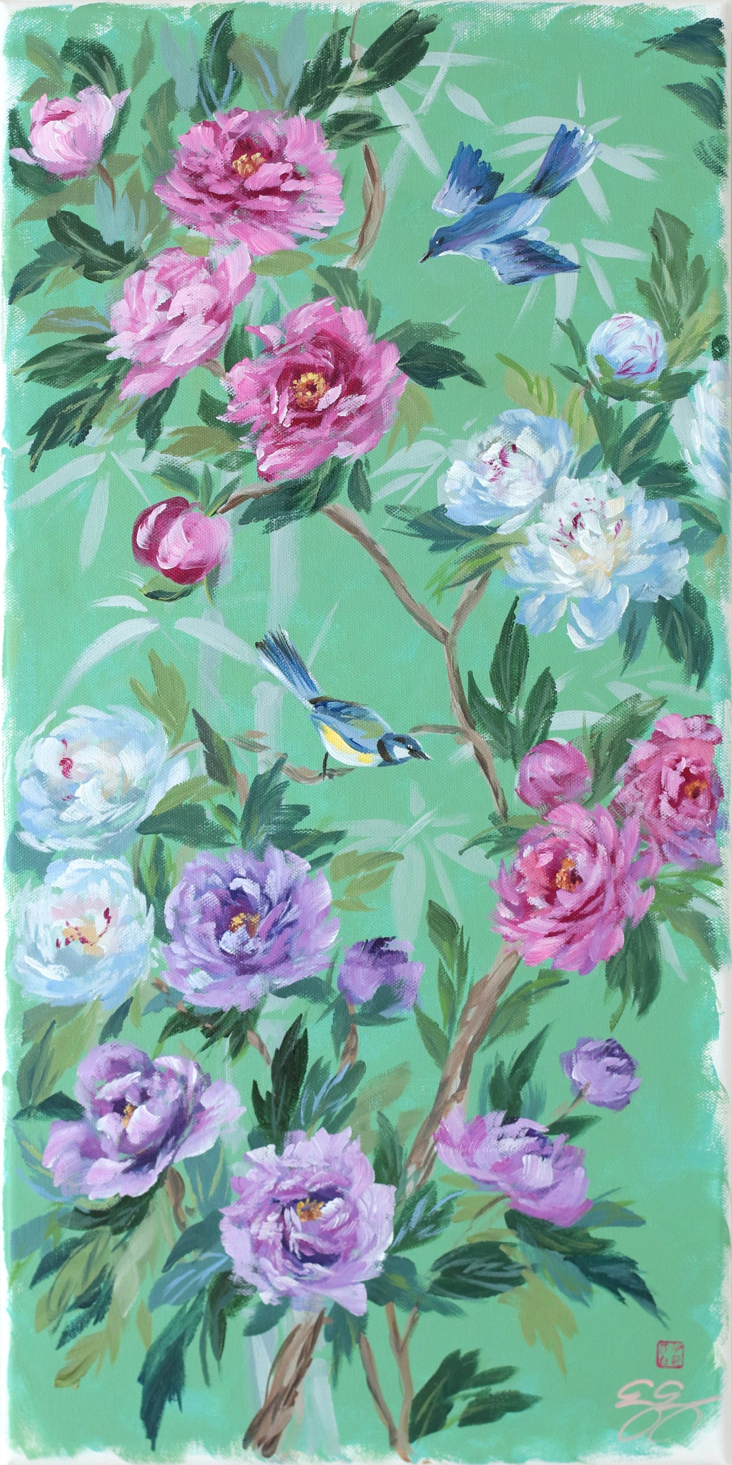 Peony bird artwork by Elizabeth Alice Studio features colorful birds on branches with pink, white, and purple blossoms.
