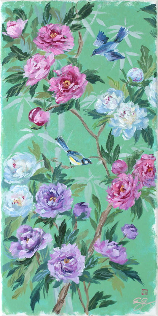 Peony bird artwork by Elizabeth Alice Studio features colorful birds on branches with pink, white, and purple blossoms.