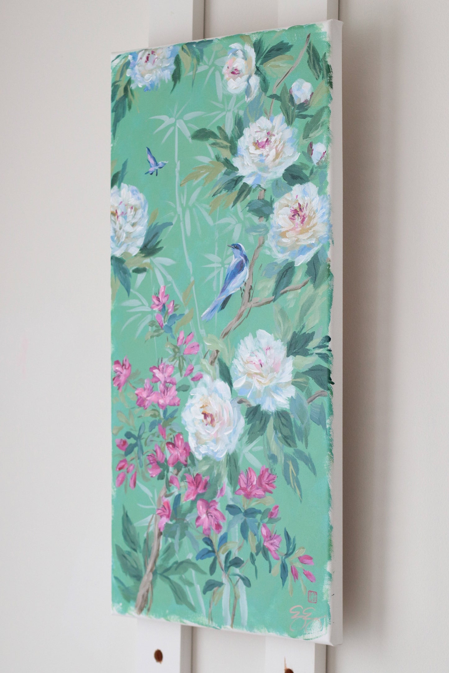 No. 512 Original green chinoiserie painting of peonies, azaleas, bird, and butterfly - 12 x 24