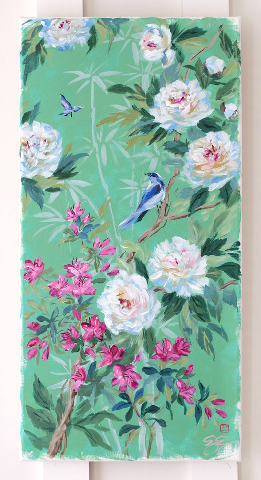 Elizabeth Alice Studio: Chinoiserie art with white, pink flowers, green leaves, blue bird & butterfly on light green.
