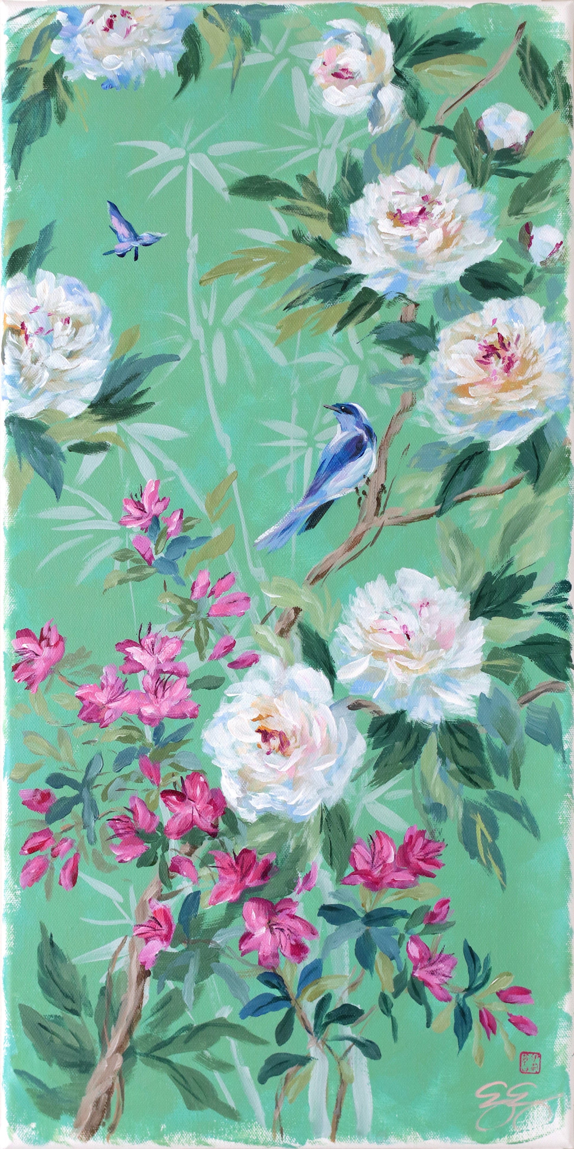 Blue bird art by Elizabeth Alice Studio: on flowering branch with peonies, pink blossoms & butterfly on green background.