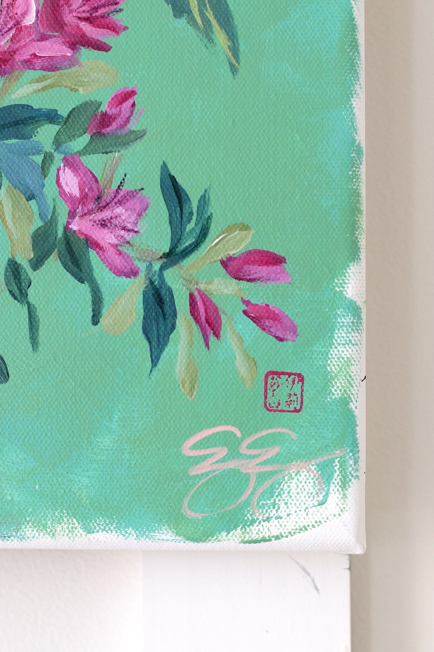 No. 512 Original green chinoiserie painting of peonies, azaleas, bird, and butterfly - 12 x 24