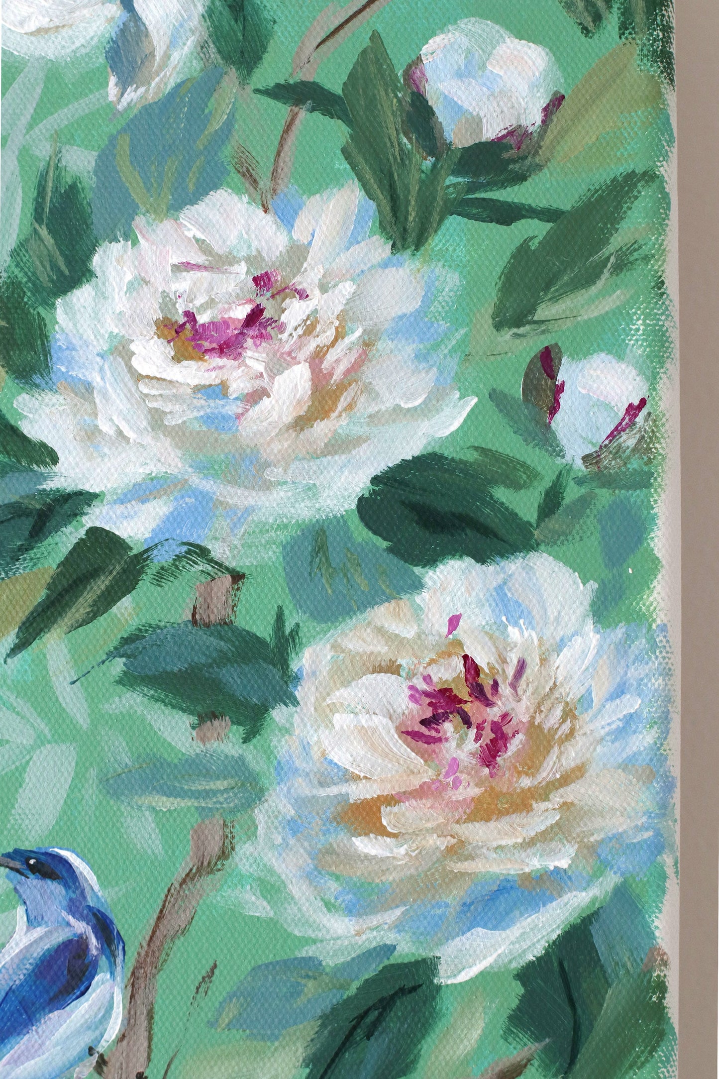 No. 512 Original green chinoiserie painting of peonies, azaleas, bird, and butterfly - 12 x 24