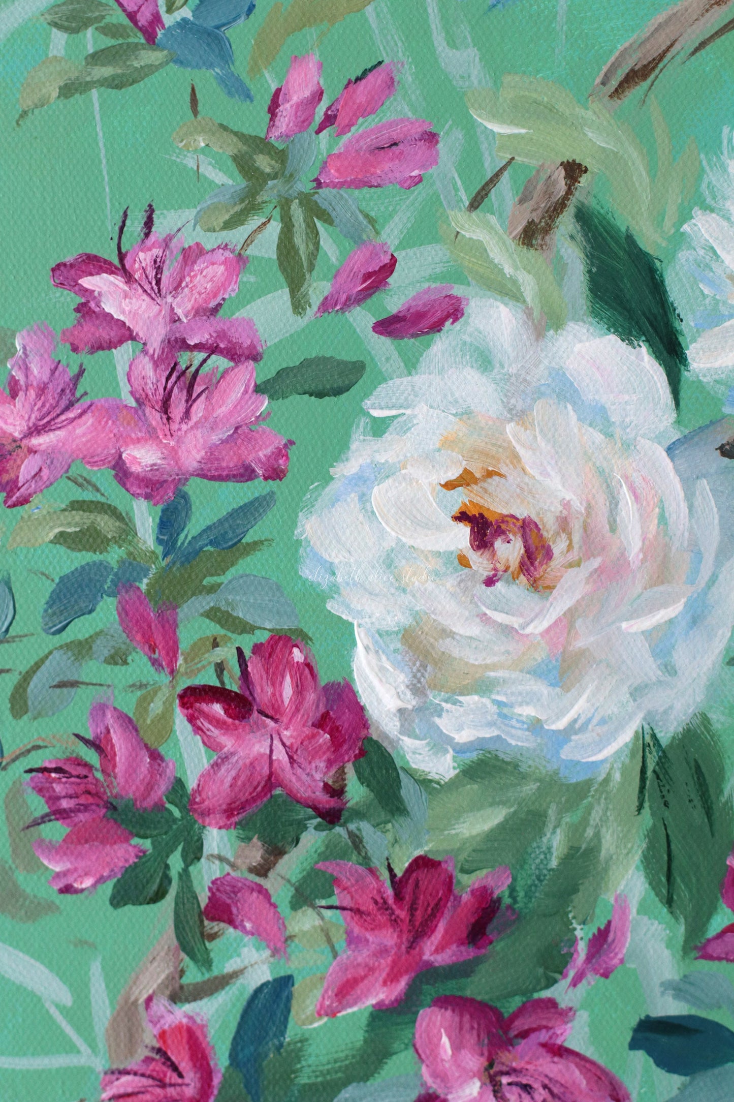 No. 512 Original green chinoiserie painting of peonies, azaleas, bird, and butterfly - 12 x 24