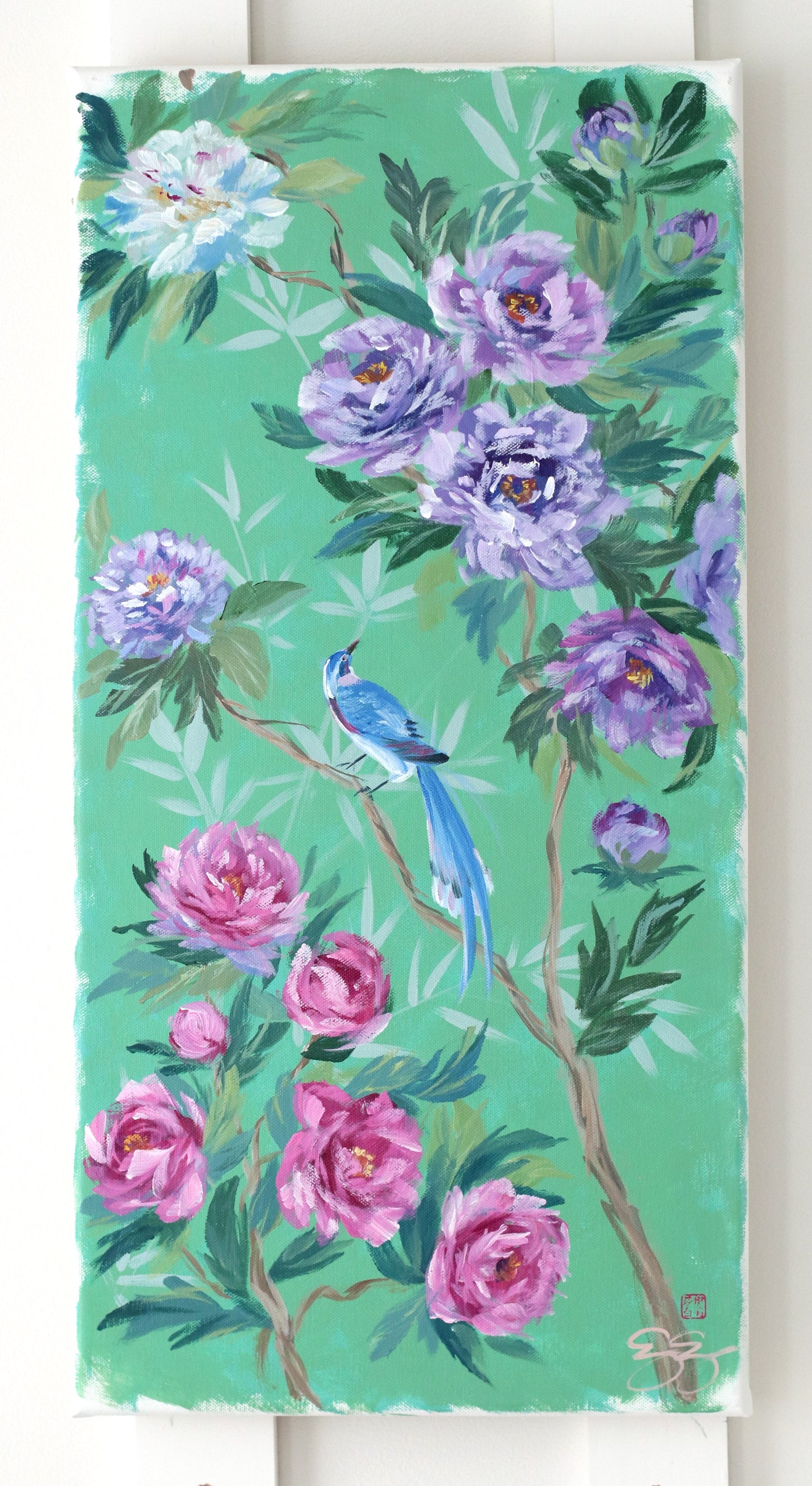 No. 513 Original green chinoiserie painting of peonies and blue bird - 12 x 24