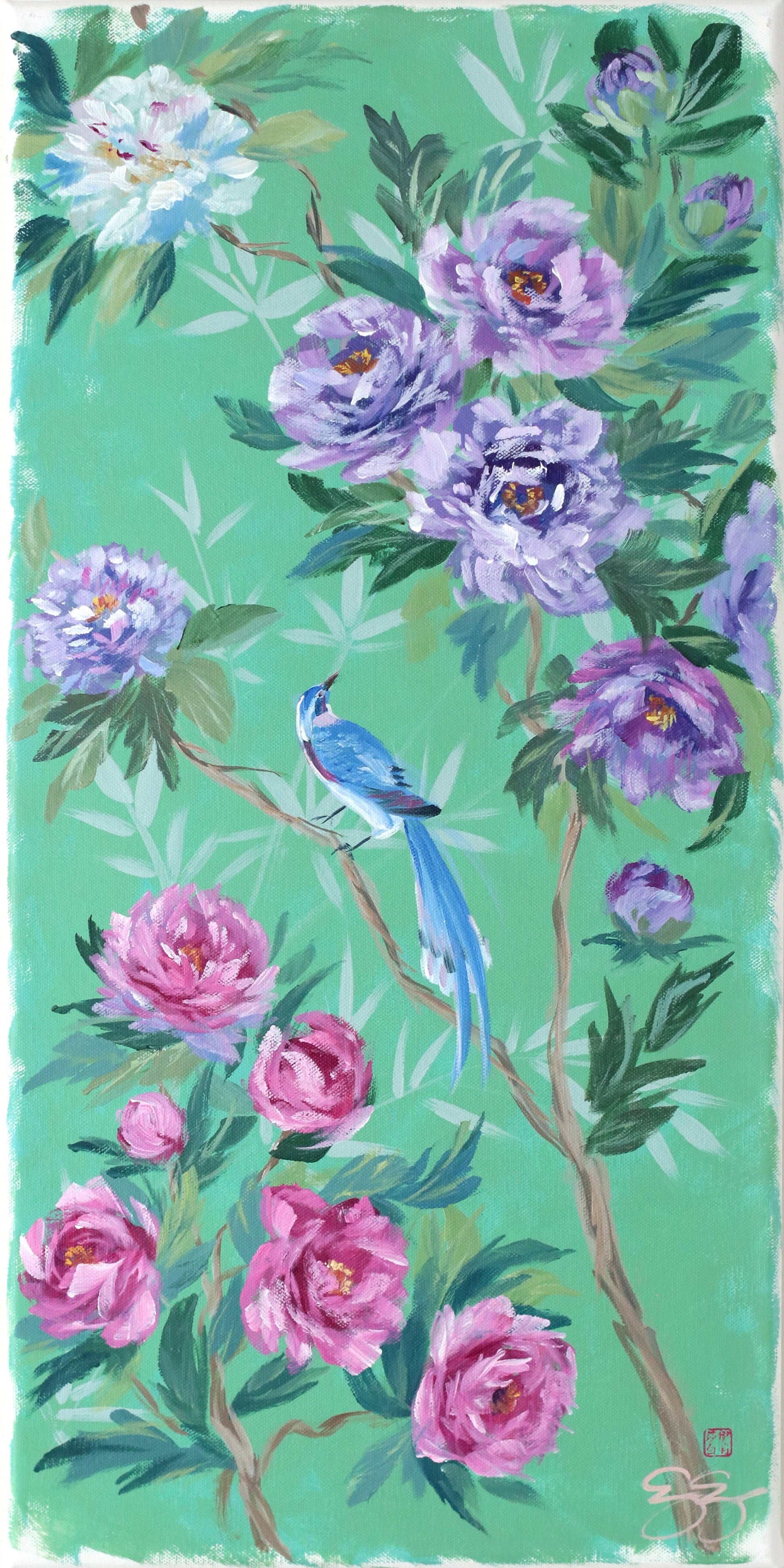 A blue bird on a branch with blooming flowers and green leaves, inspired by chinoiserie, from Elizabeth Alice Studio.