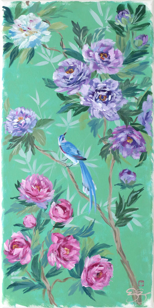 A blue bird on a branch with blooming flowers and green leaves, inspired by chinoiserie, from Elizabeth Alice Studio.