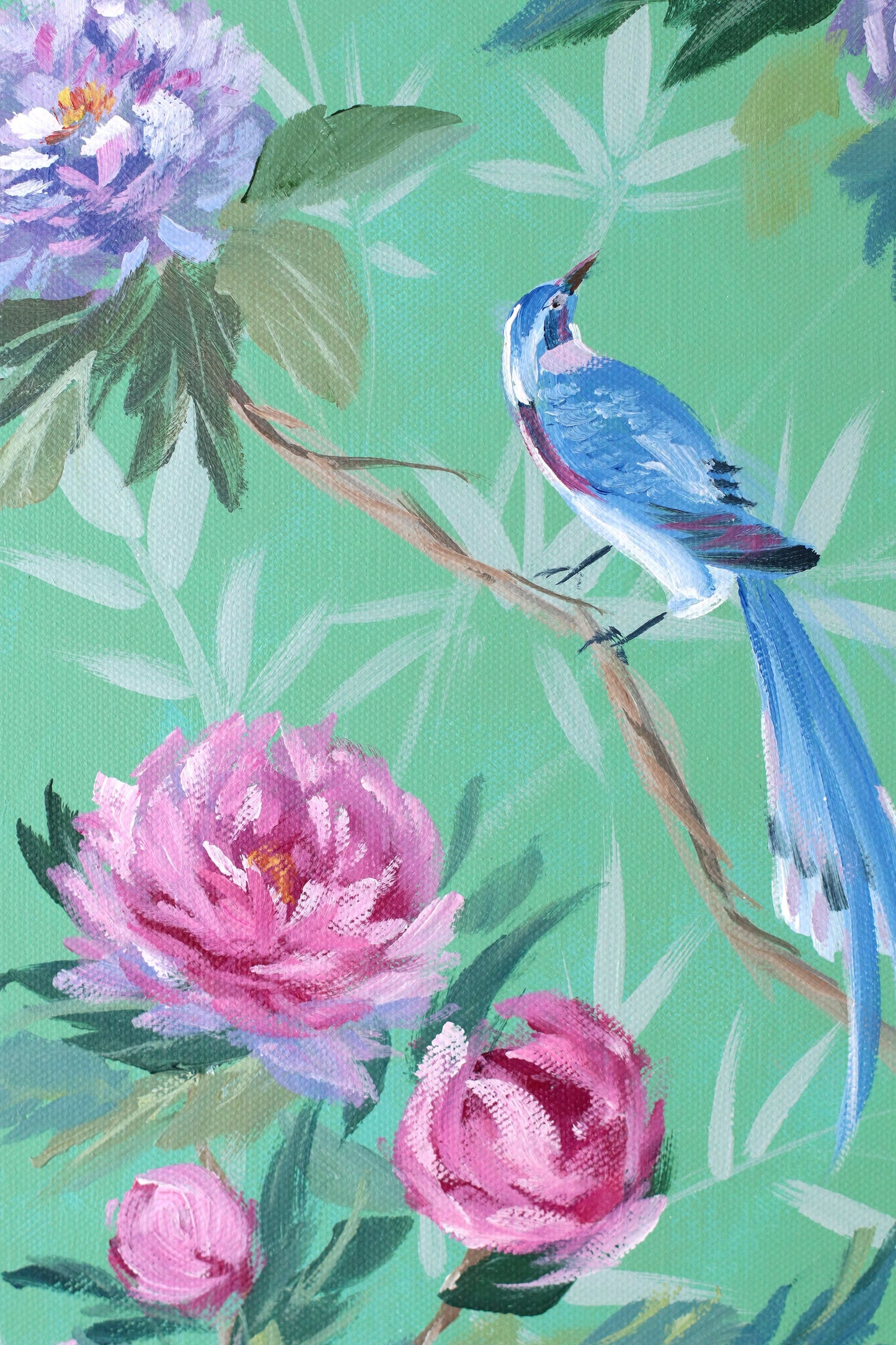 No. 513 Original green chinoiserie painting of peonies and blue bird - 12 x 24
