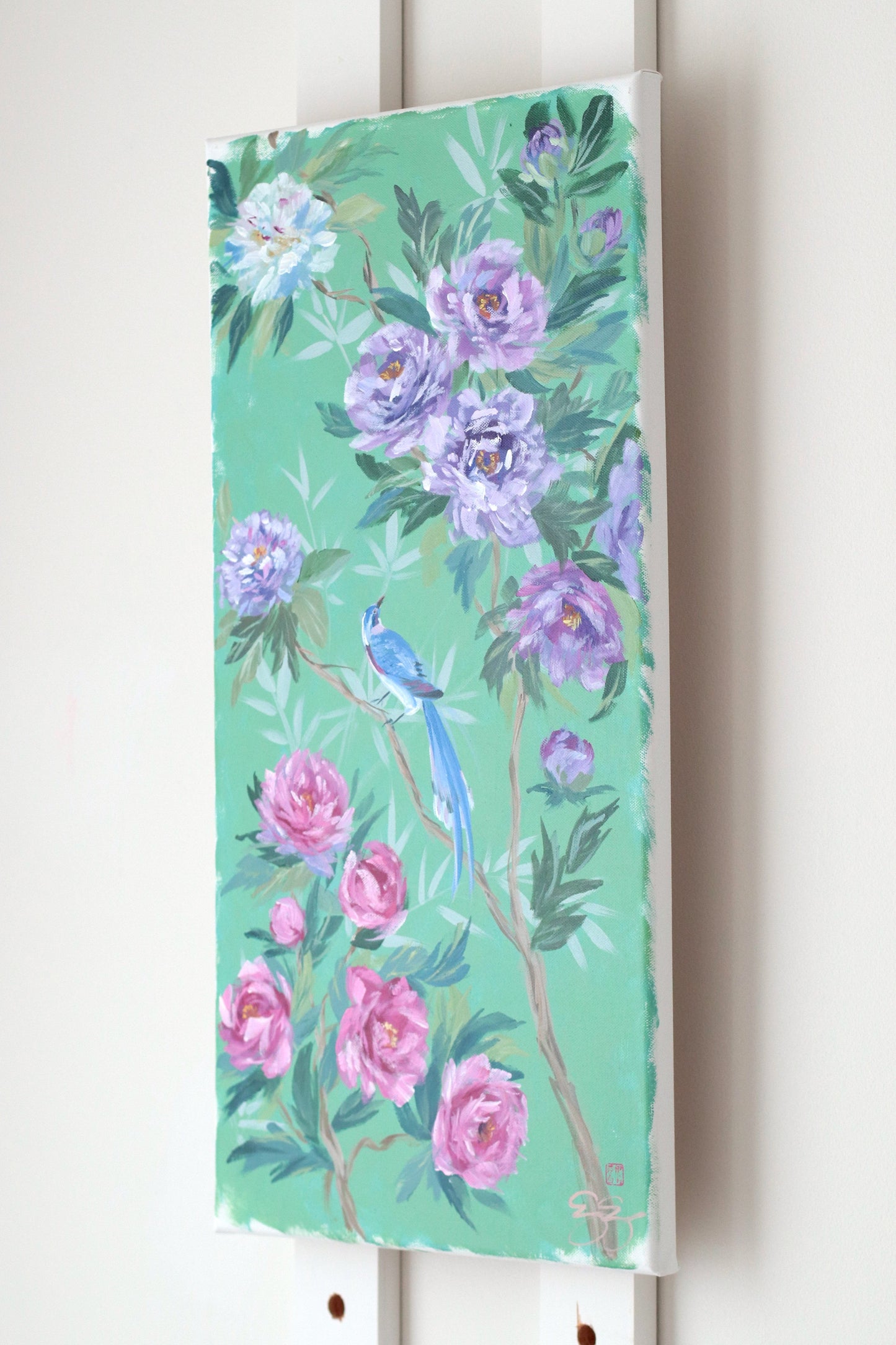No. 513 Original green chinoiserie painting of peonies and blue bird - 12 x 24