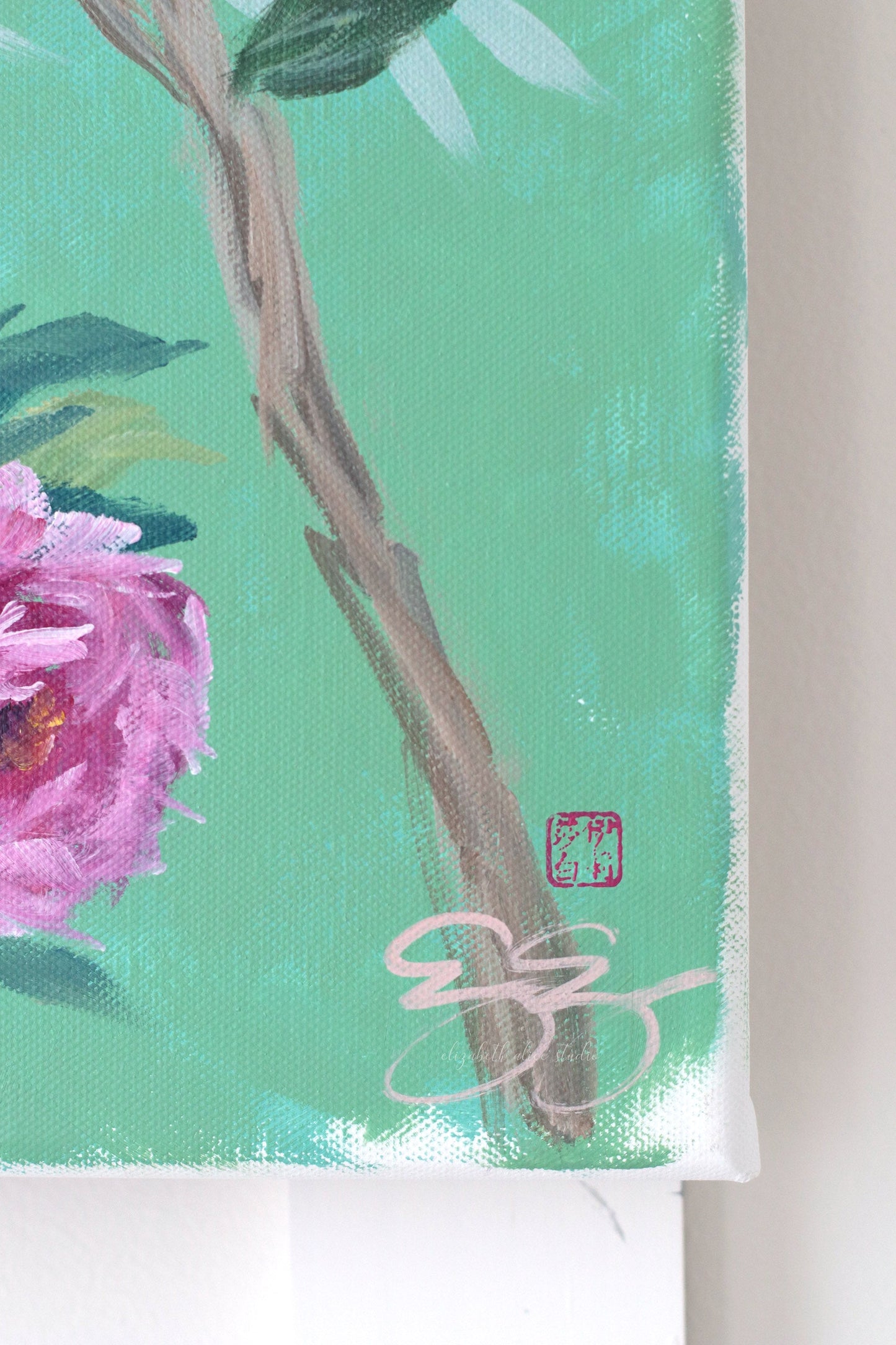 No. 513 Original green chinoiserie painting of peonies and blue bird - 12 x 24