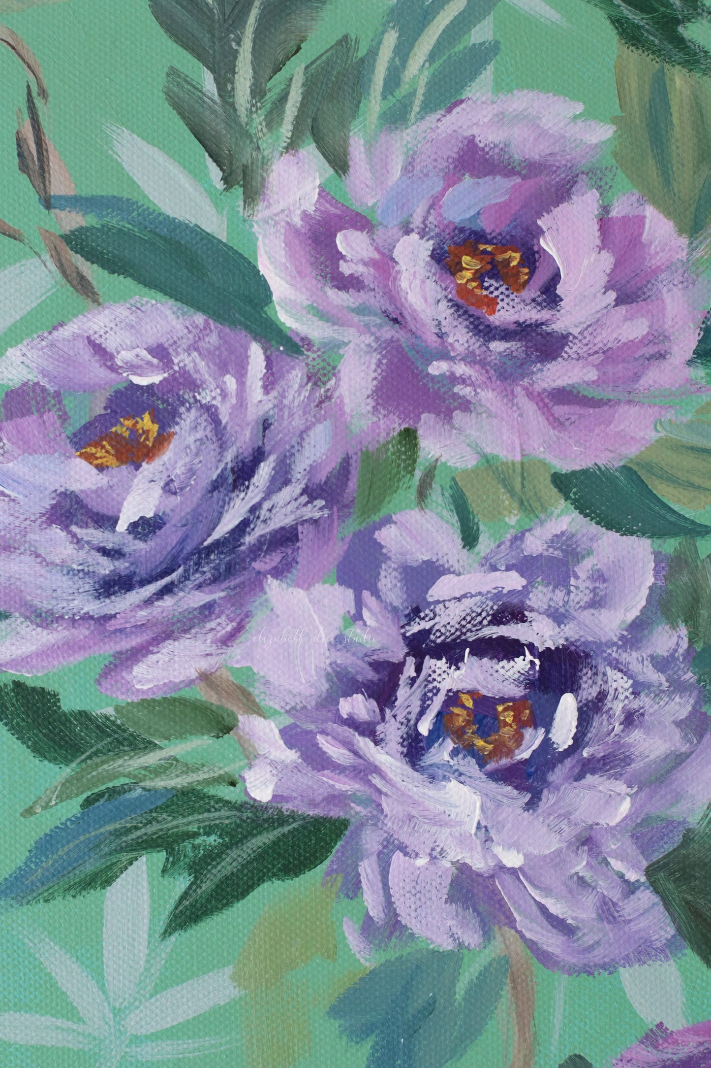 No. 513 Original green chinoiserie painting of peonies and blue bird - 12 x 24
