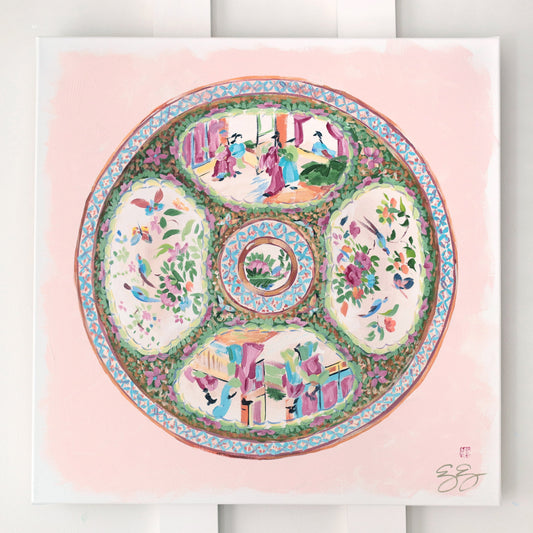 A round, pink Antique Rose Medallion plate by Elizabeth Alice Studio with floral designs in a gold floater frame.