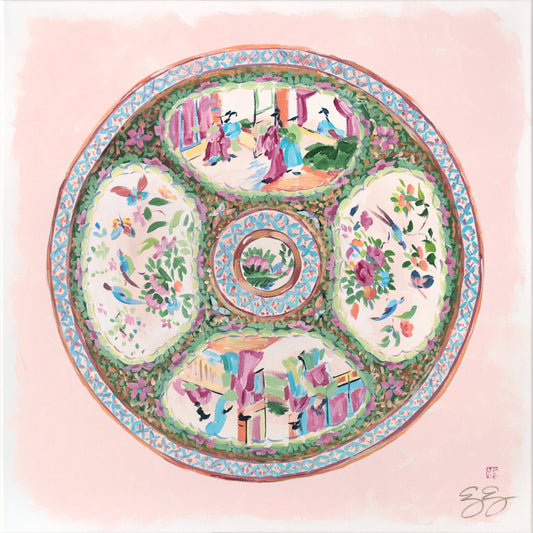Elizabeth Alice Studio plate featuring colorful floral and scene motifs on a pale pink background.