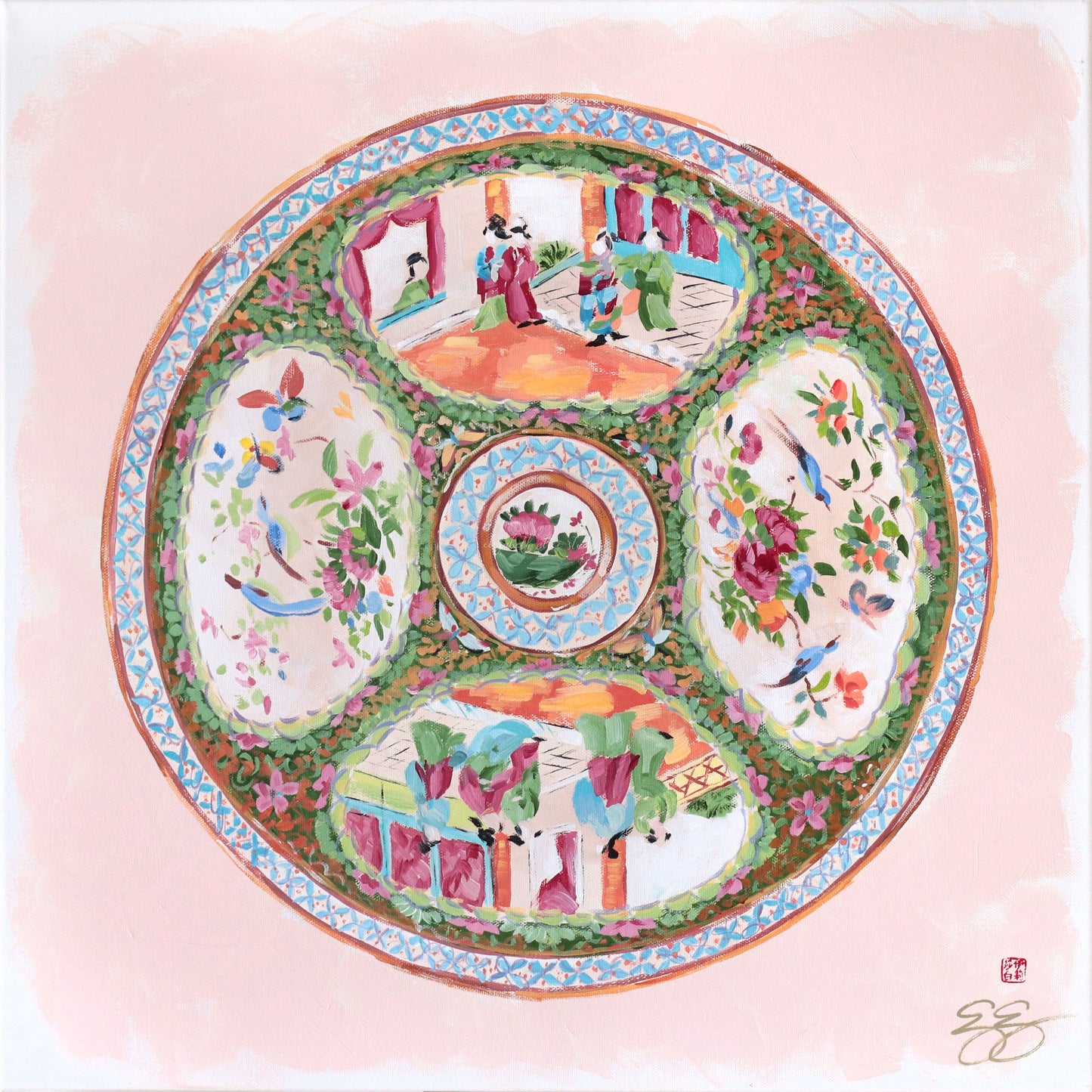 An antique Rose Medallion plate by Elizabeth Alice Studio, featuring chinoiserie art and vibrant floral patterns.