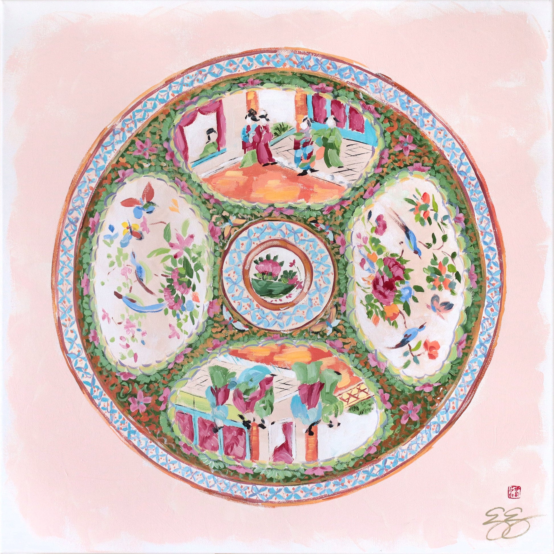 An antique Rose Medallion plate by Elizabeth Alice Studio, featuring chinoiserie art and vibrant floral patterns.