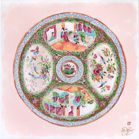 An antique Rose Medallion plate by Elizabeth Alice Studio, featuring chinoiserie art and vibrant floral patterns.