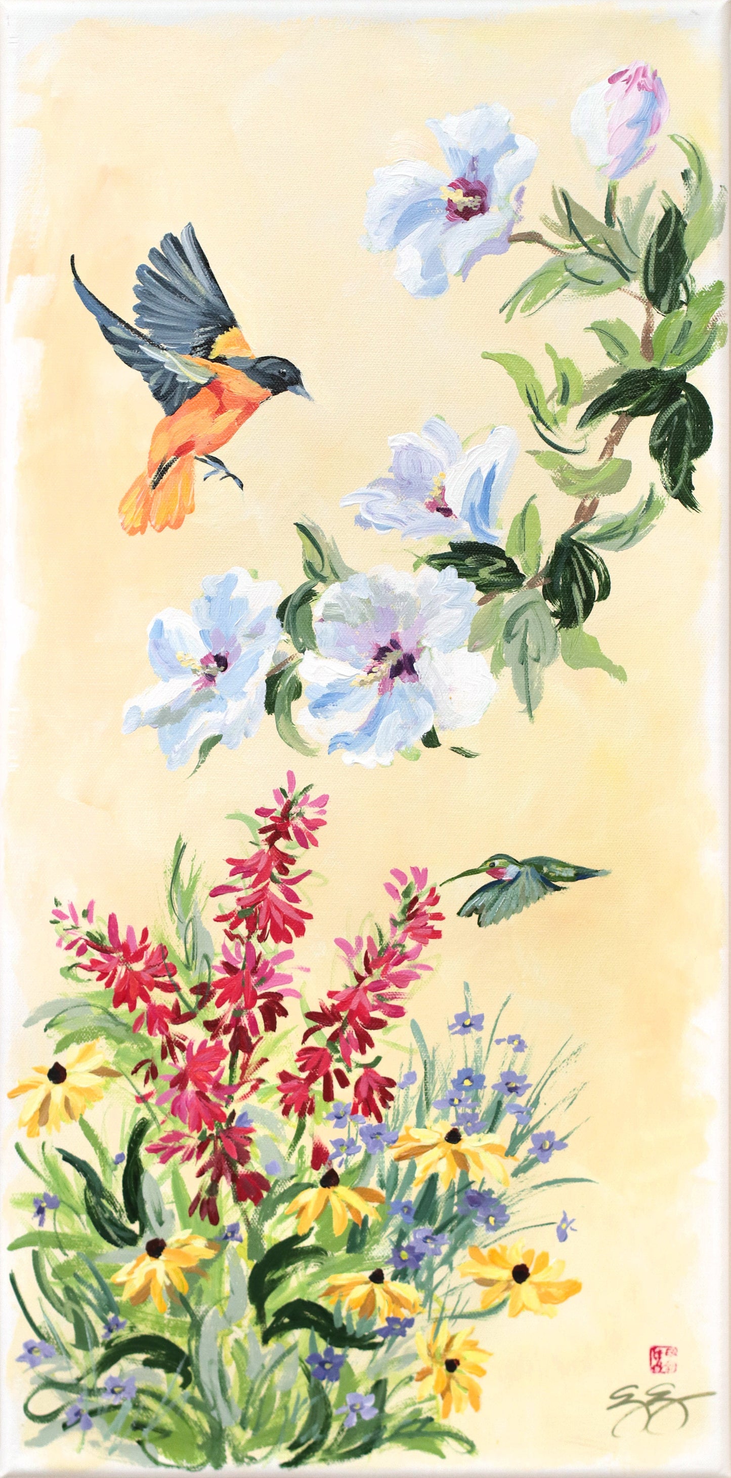A colorful chinoiserie painting by Elizabeth Alice Studio of two Maryland birds near blooming multi-colored flowers.