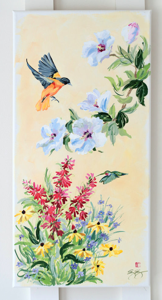 A chinoiserie painting by Elizabeth Alice Studio with an oriole, hummingbird, and wildflowers on a pale background.