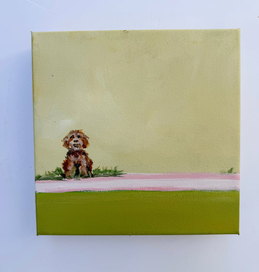 Small brown dog sitting in grass on a light yellow background; an original acrylic painting from the Unleashed collection.