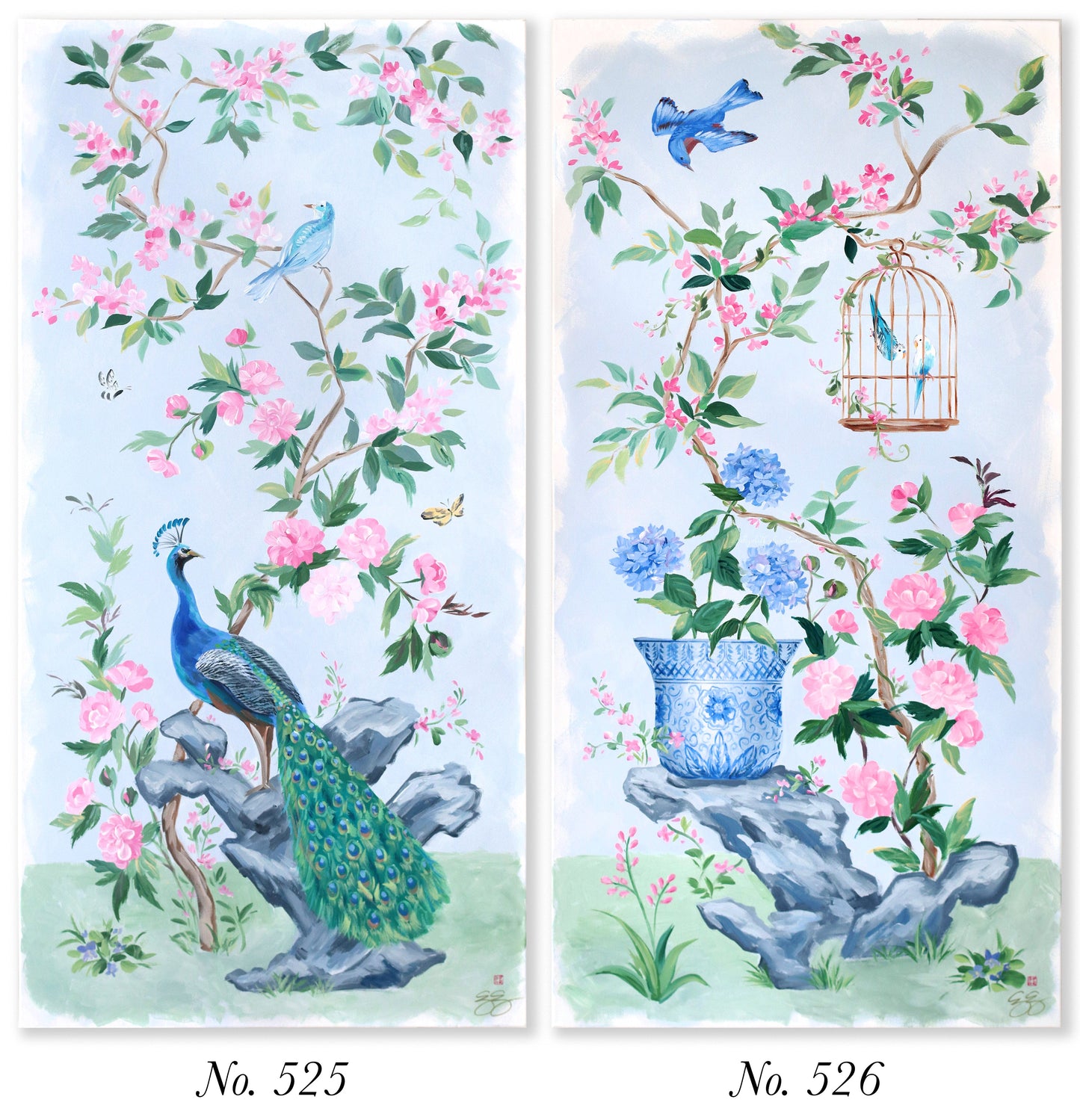 Elizabeth Alice Studio Chinoiserie prints: one with a peacock, the other with a bluebird and cage in modern colors.