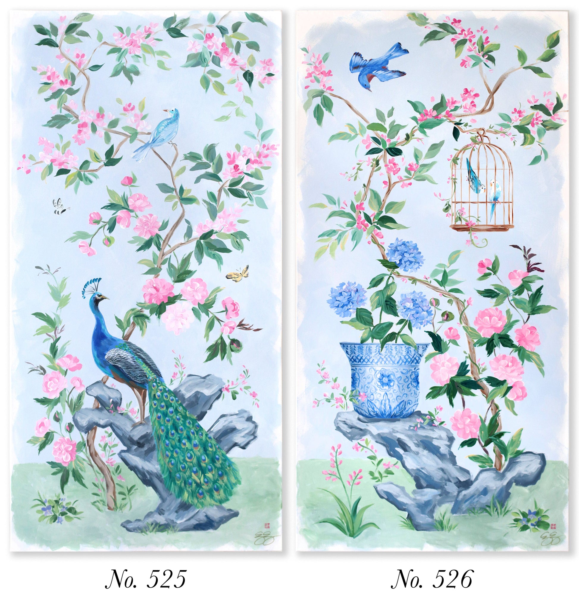 Elizabeth Alice Studio: Chinoiserie art panels feature peacocks, birds, pink flowers, bluebirds, and a bird cage vase.