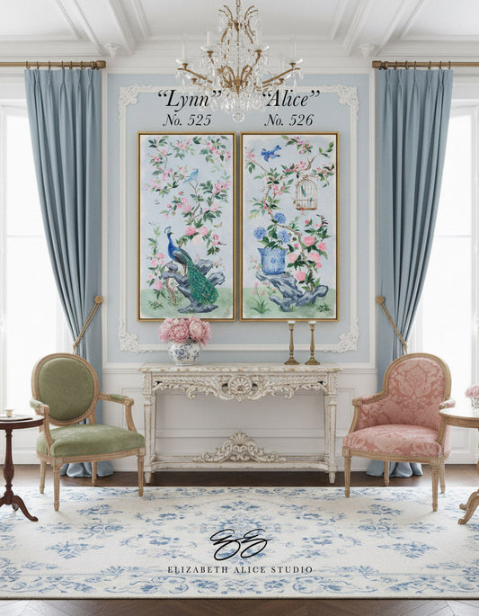 Elizabeth Alice Studio living room with blue curtains, chinoiserie art, vintage chairs, ornate table, and a patterned rug.