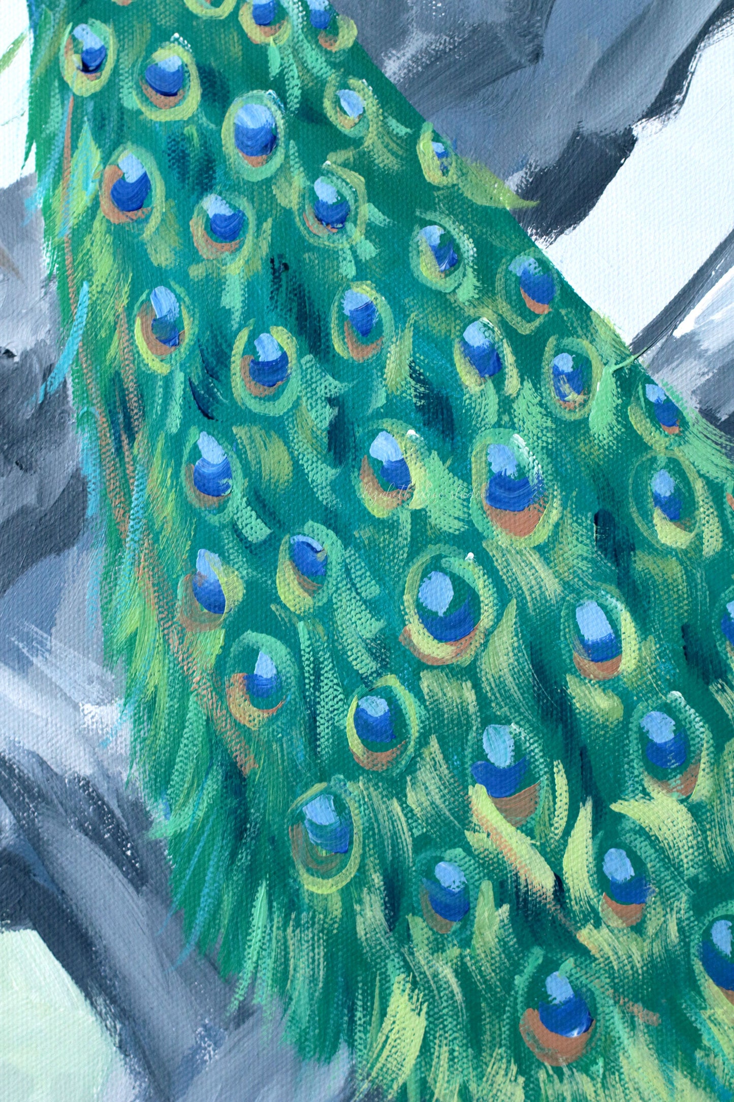 No. 525 Original blue and pink chinoiserie painting with peacock - 24 x 48