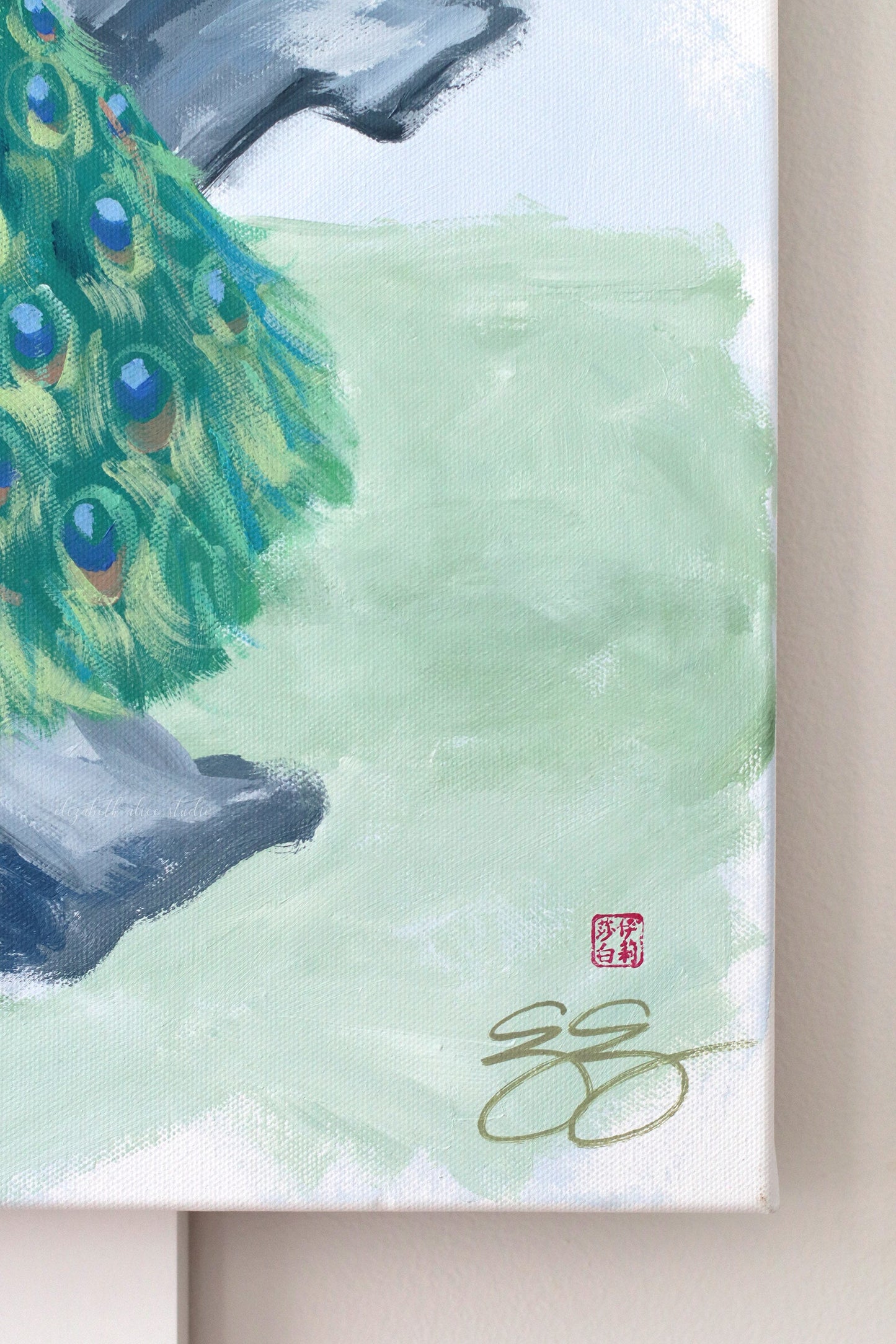 No. 525 Original blue and pink chinoiserie painting with peacock - 24 x 48