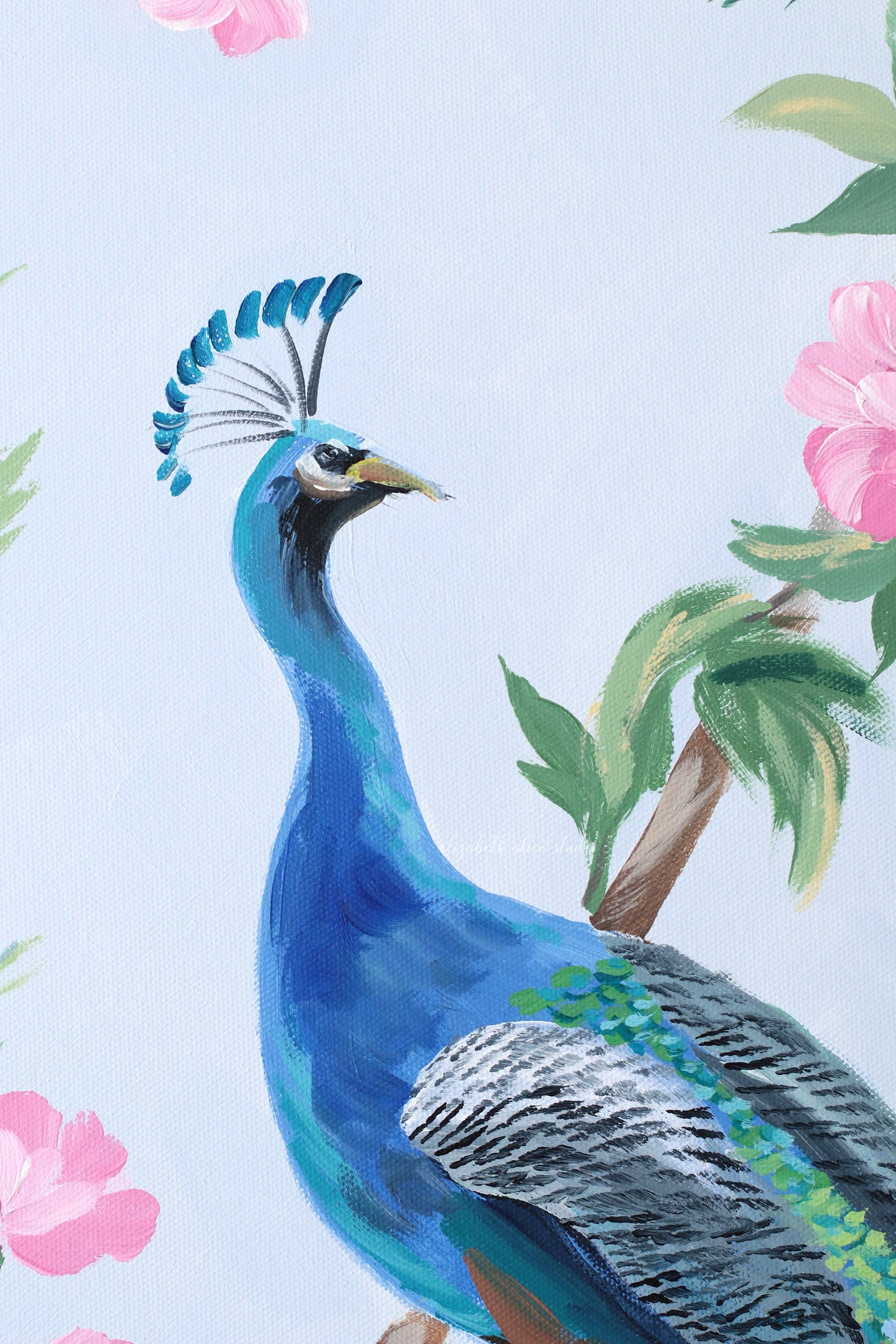 No. 525 Original blue and pink chinoiserie painting with peacock - 24 x 48