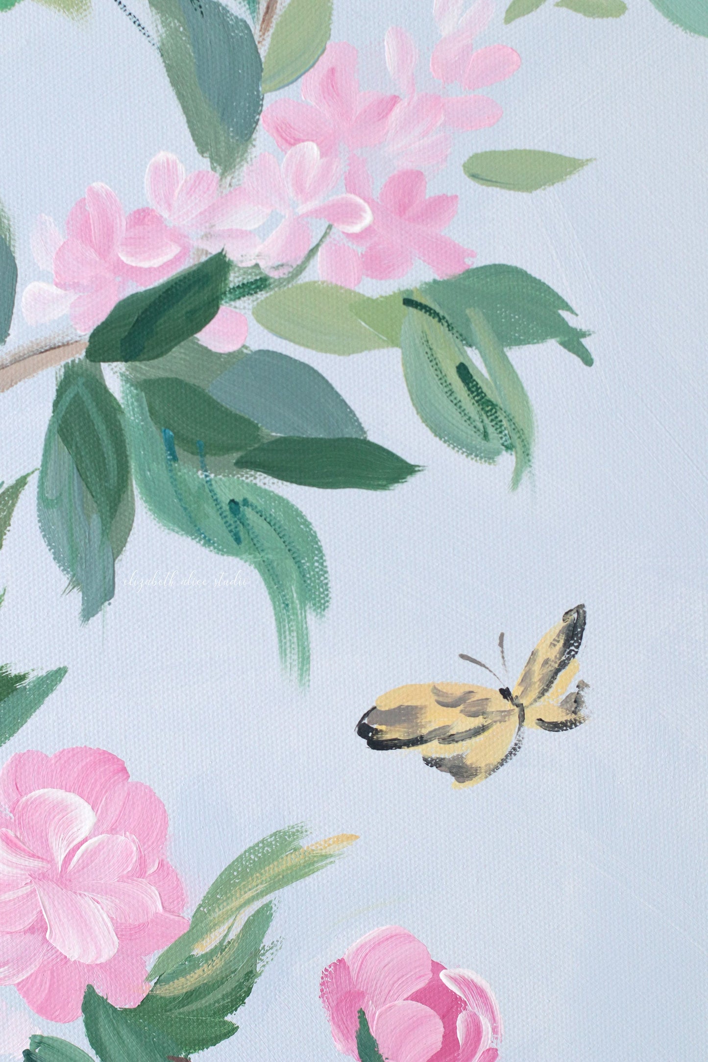 No. 525 Original blue and pink chinoiserie painting with peacock - 24 x 48