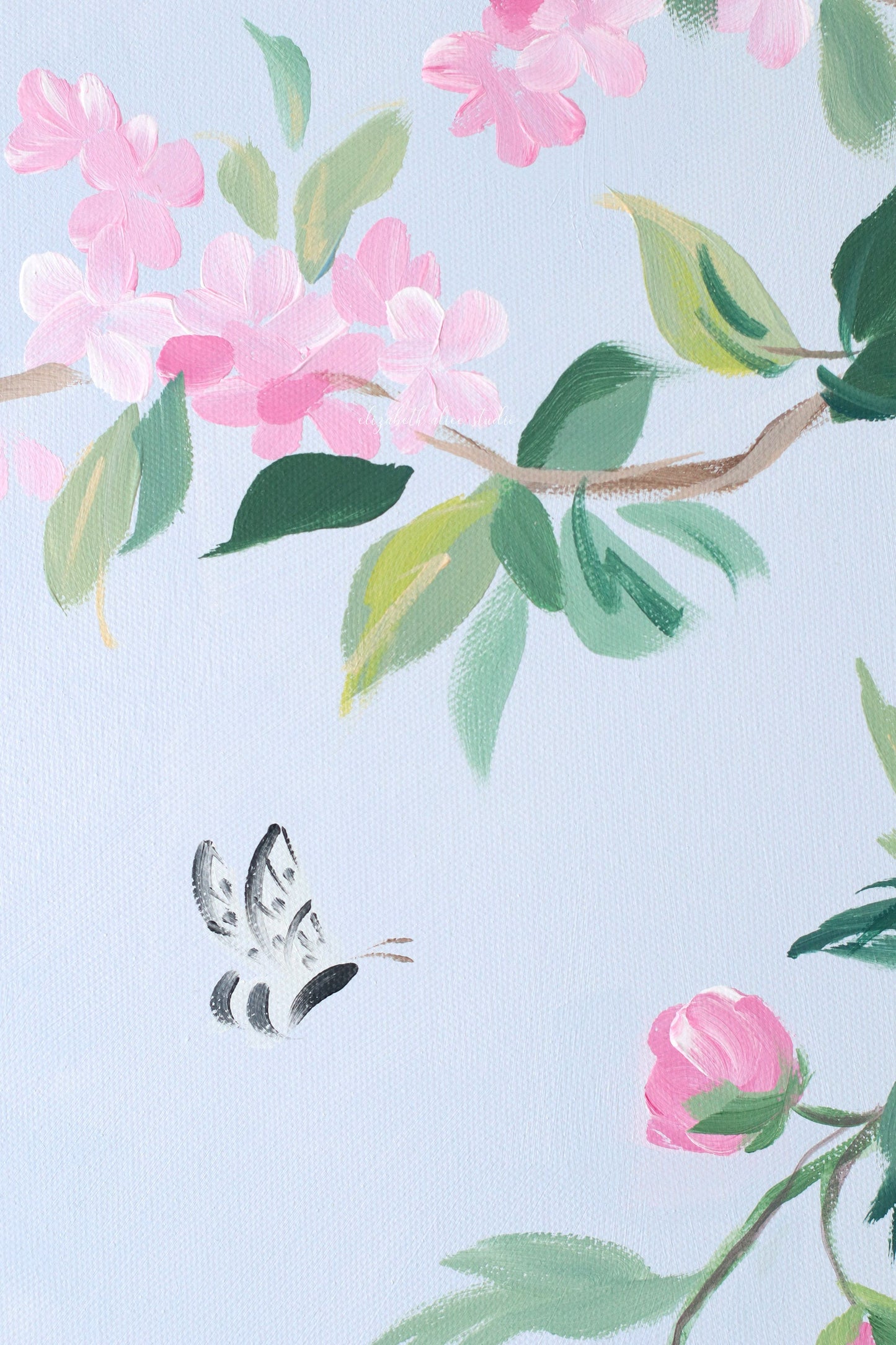 No. 525 Original blue and pink chinoiserie painting with peacock - 24 x 48