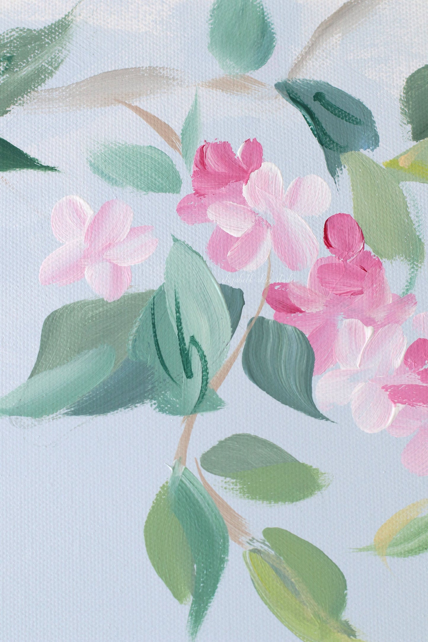 No. 525 Original blue and pink chinoiserie painting with peacock - 24 x 48