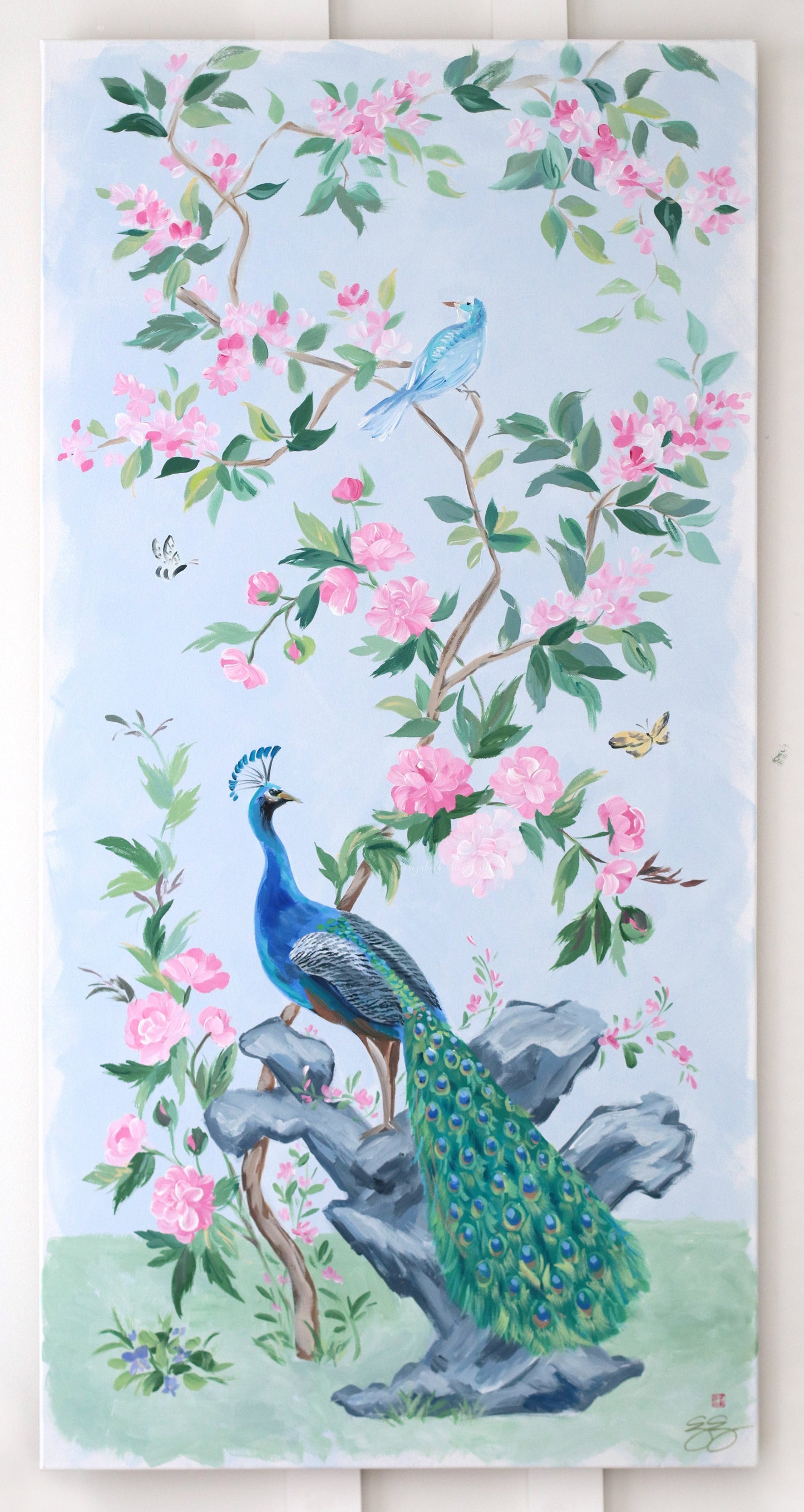 No. 525 Original blue and pink chinoiserie painting with peacock - 24 x 48