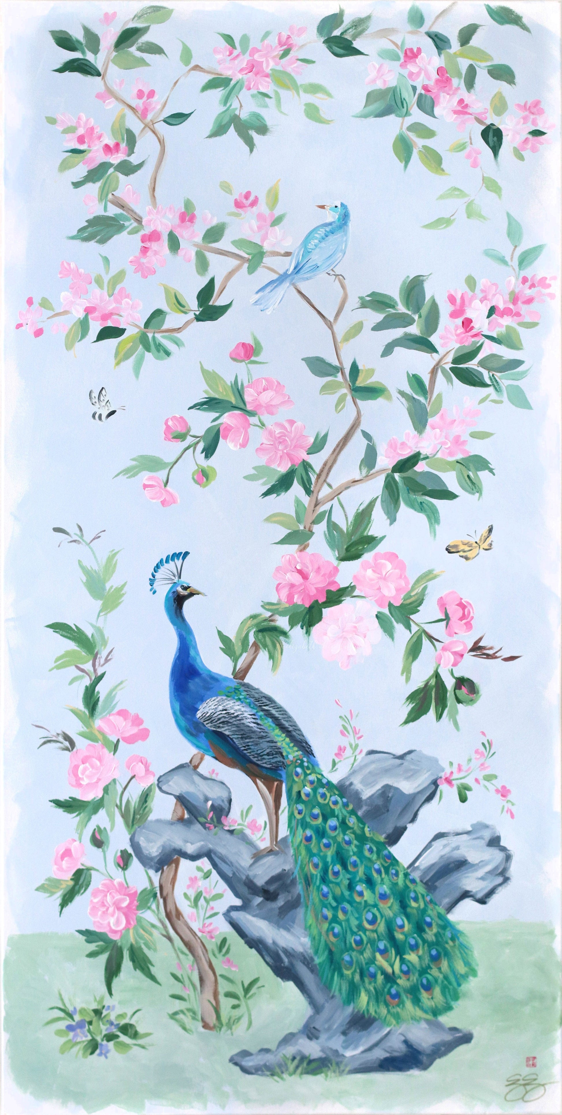 A peacock stands on rocks below pink flowers in a modern chinoiserie style by Elizabeth Alice Studio.