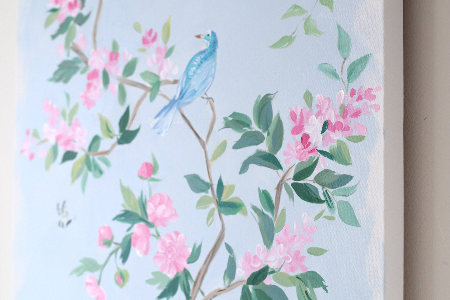 No. 525 Original blue and pink chinoiserie painting with peacock - 24 x 48