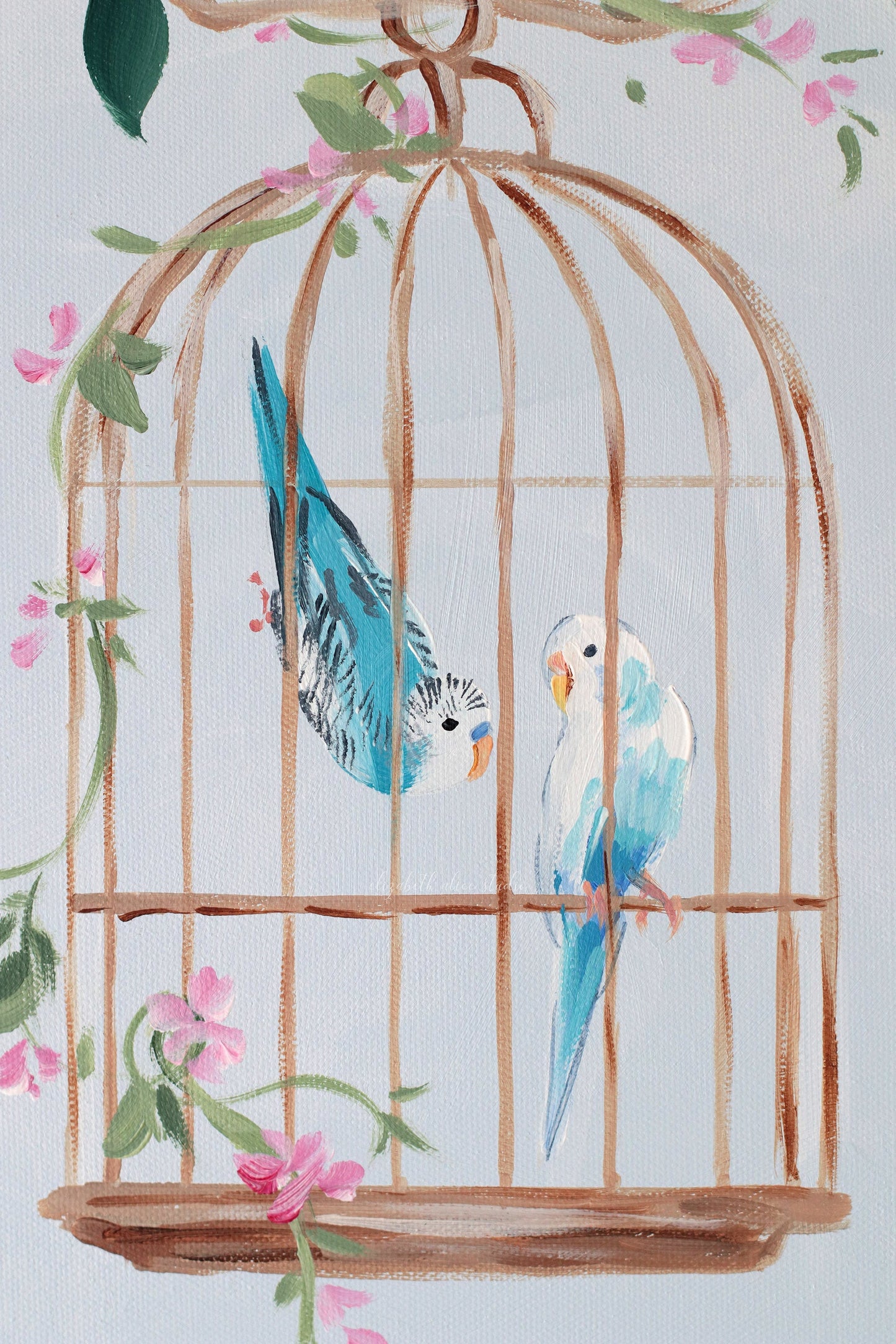No. 526 Original blue and pink chinoiserie painting with bird cage and hydrangea - 24 x 48