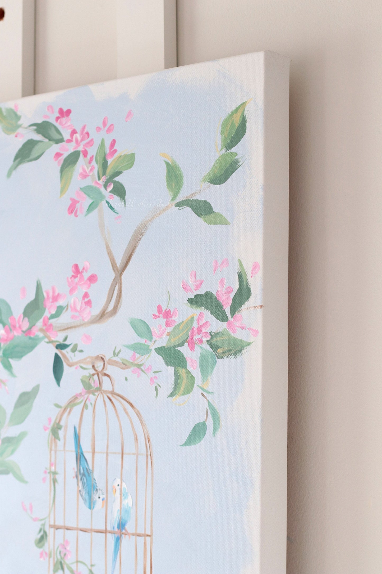 No. 526 Original blue and pink chinoiserie painting with bird cage and hydrangea - 24 x 48
