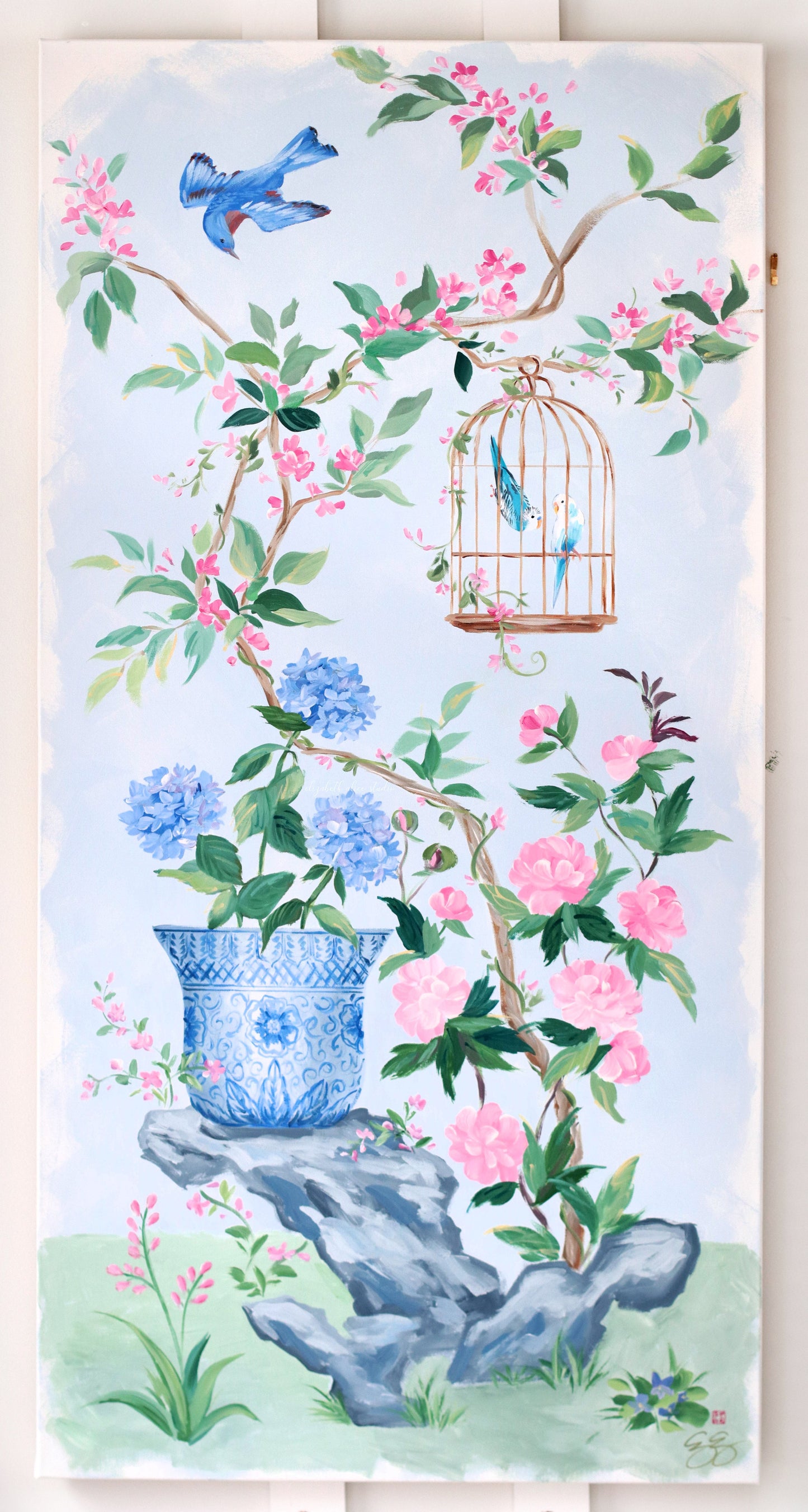 No. 526 Original blue and pink chinoiserie painting with bird cage and hydrangea - 24 x 48