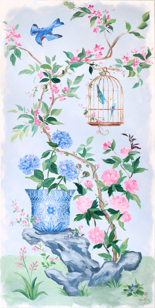 No. 526 Original blue and pink chinoiserie painting with bird cage and hydrangea - 24 x 48