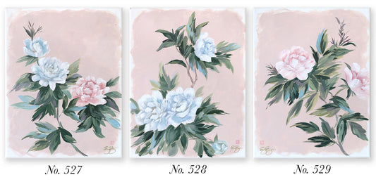 Elizabeth Alice Studios No. 527, 528 & 529: pastel peony chinoiserie art with green leaves on pink.