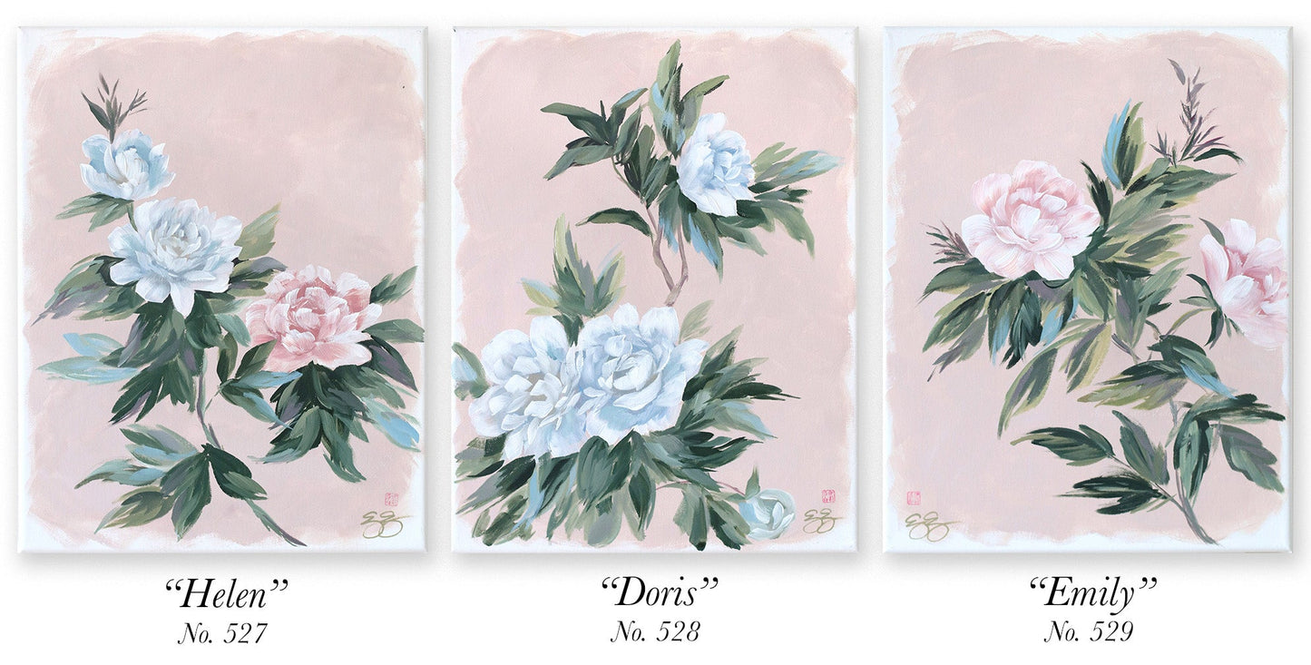 Elizabeth Alice Studios Helen, Doris, and Emily chinoiserie prints show pink and white peonies with lush green leaves.