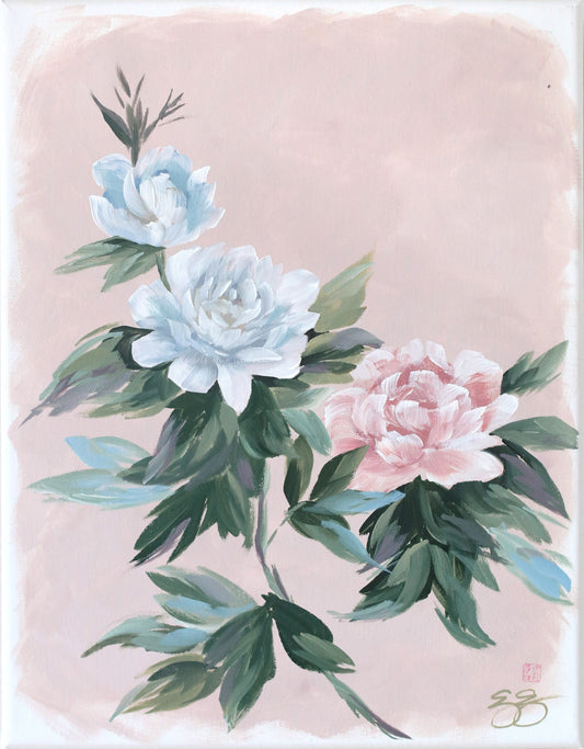 Elizabeth Alice Studio acrylic painting of white and pink peonies with green leaves on a soft pink background.