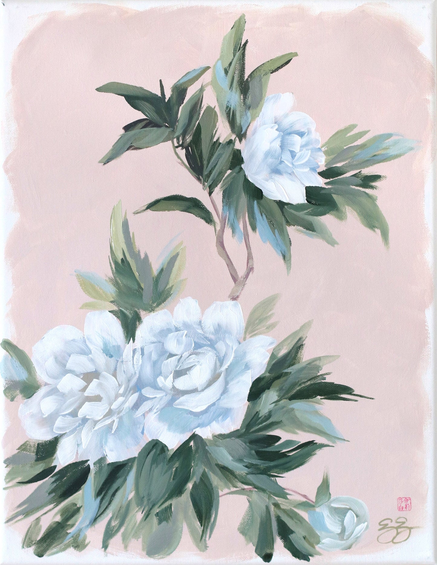 Elizabeth Alice Studio Chinoiserie painting of white peonies and green leaves on a pale pink background.